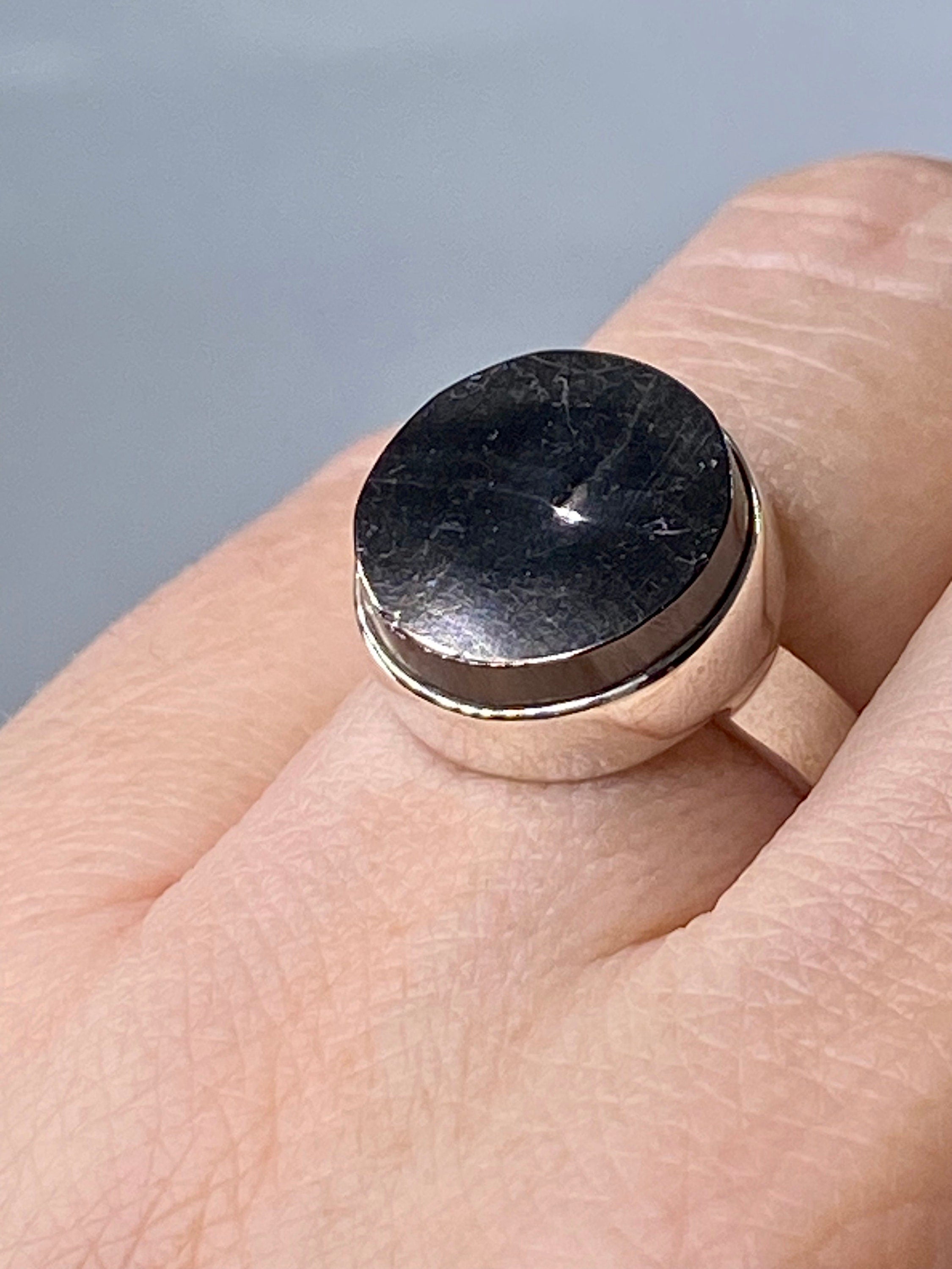 Karelian Shungite Sterling Silver Ring: Round Stone, Size 7