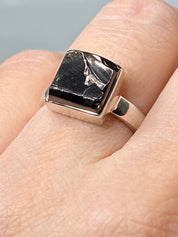 Karelian Shungite Sterling Silver Ring: Princess Cut Stone