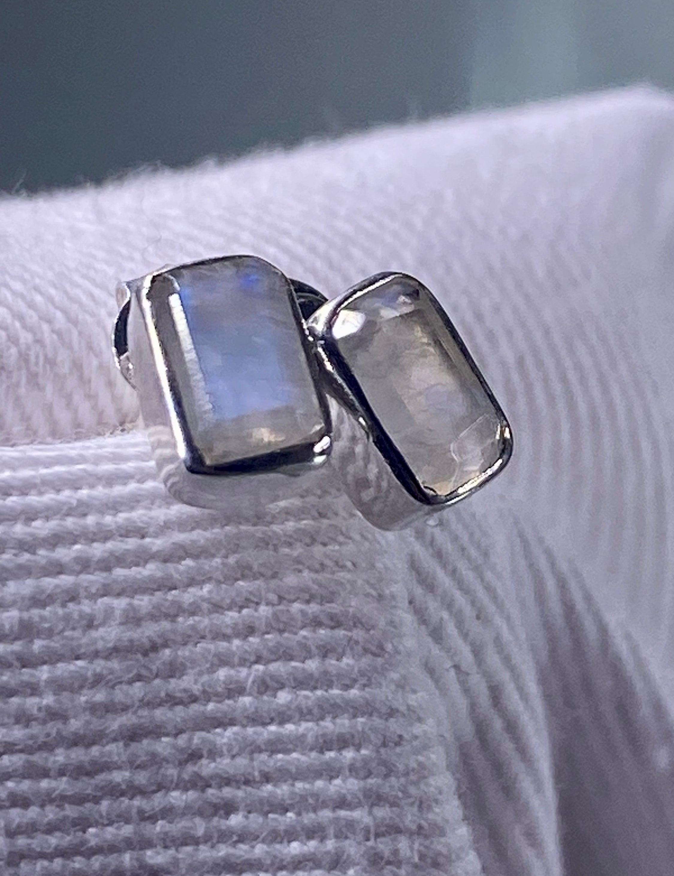 Blue Fire Moonstone and Silver Stud Earrings