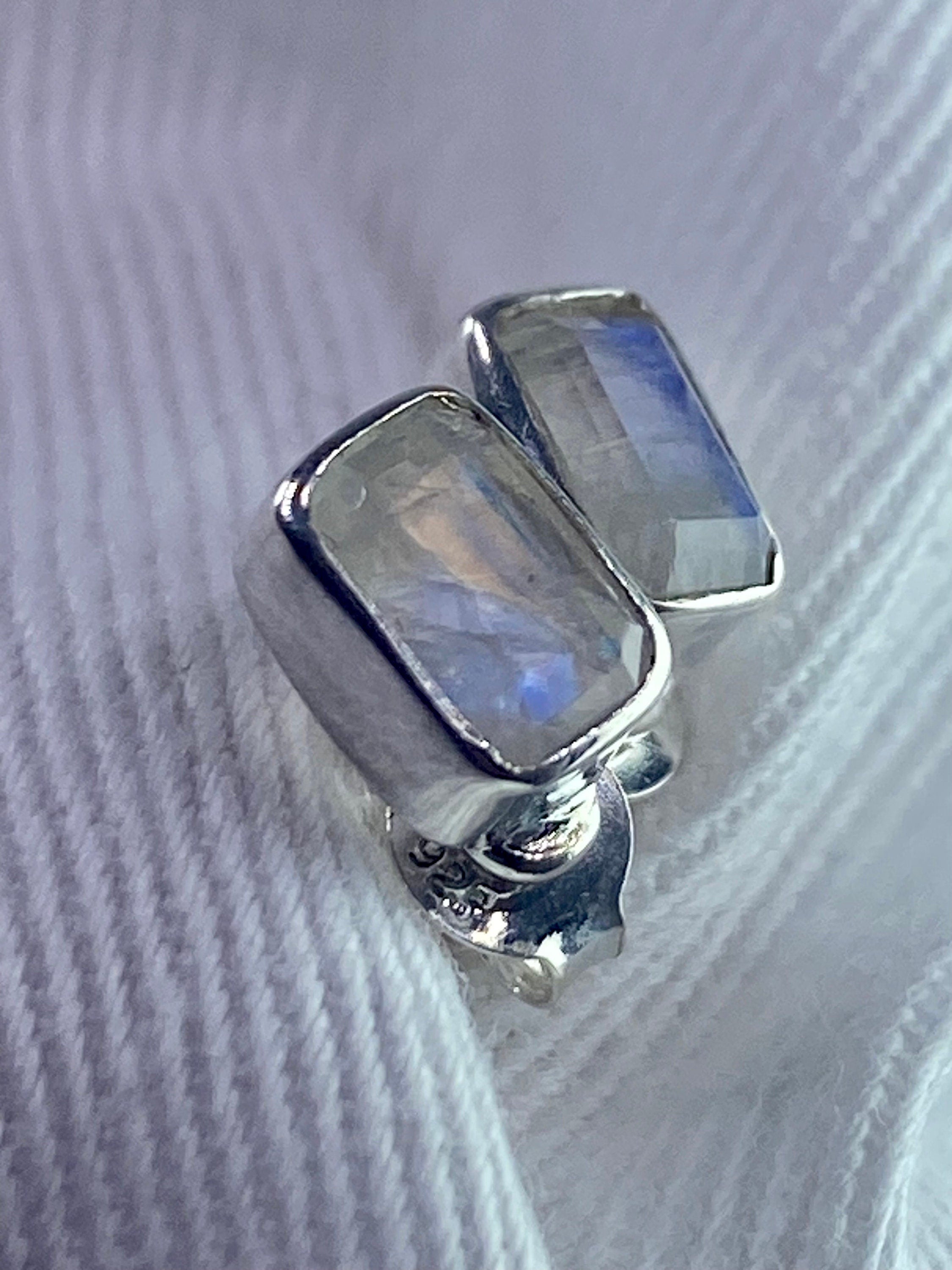 Blue Fire Moonstone and Silver Stud Earrings