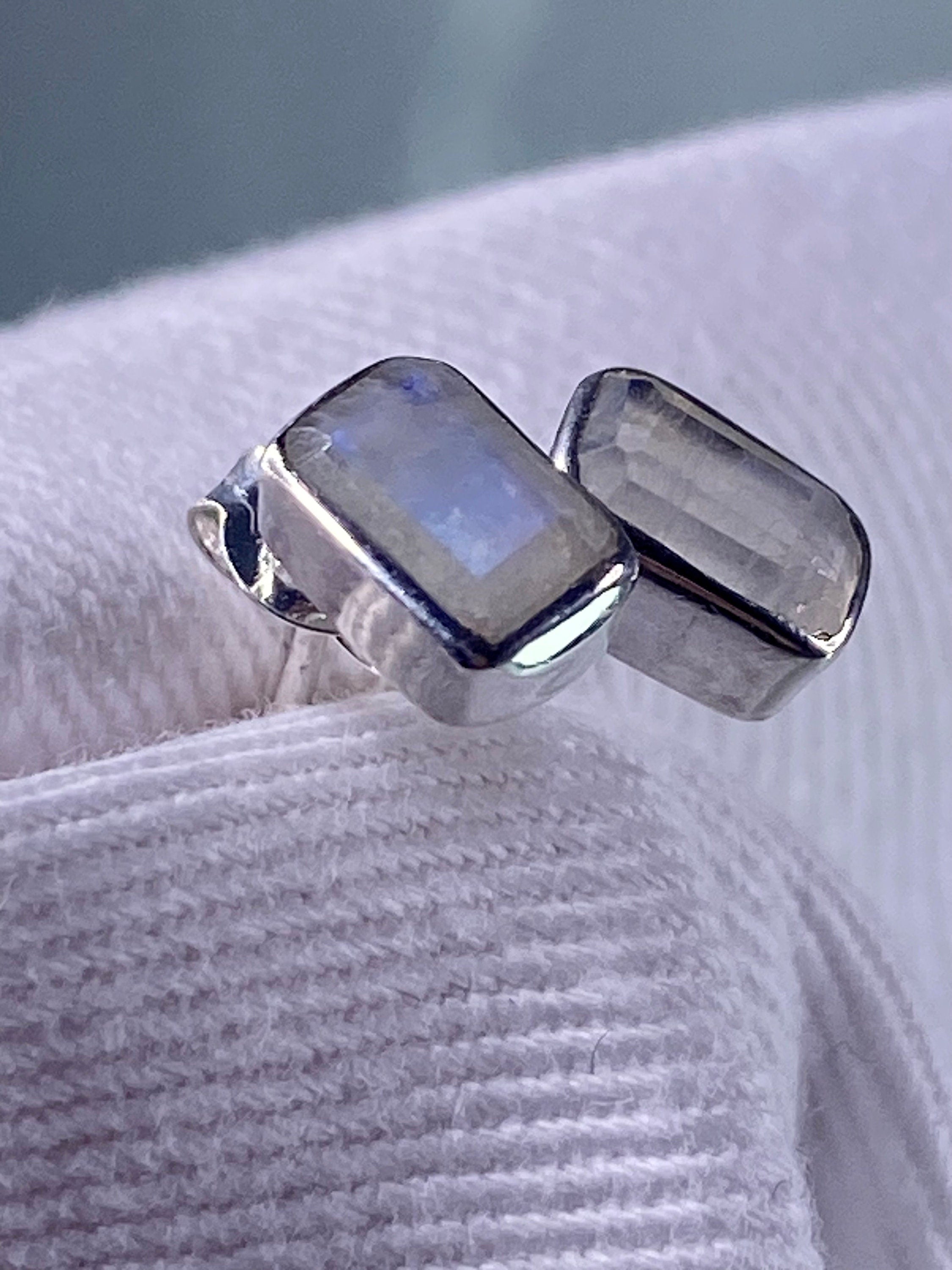 Blue Fire Moonstone and Silver Stud Earrings