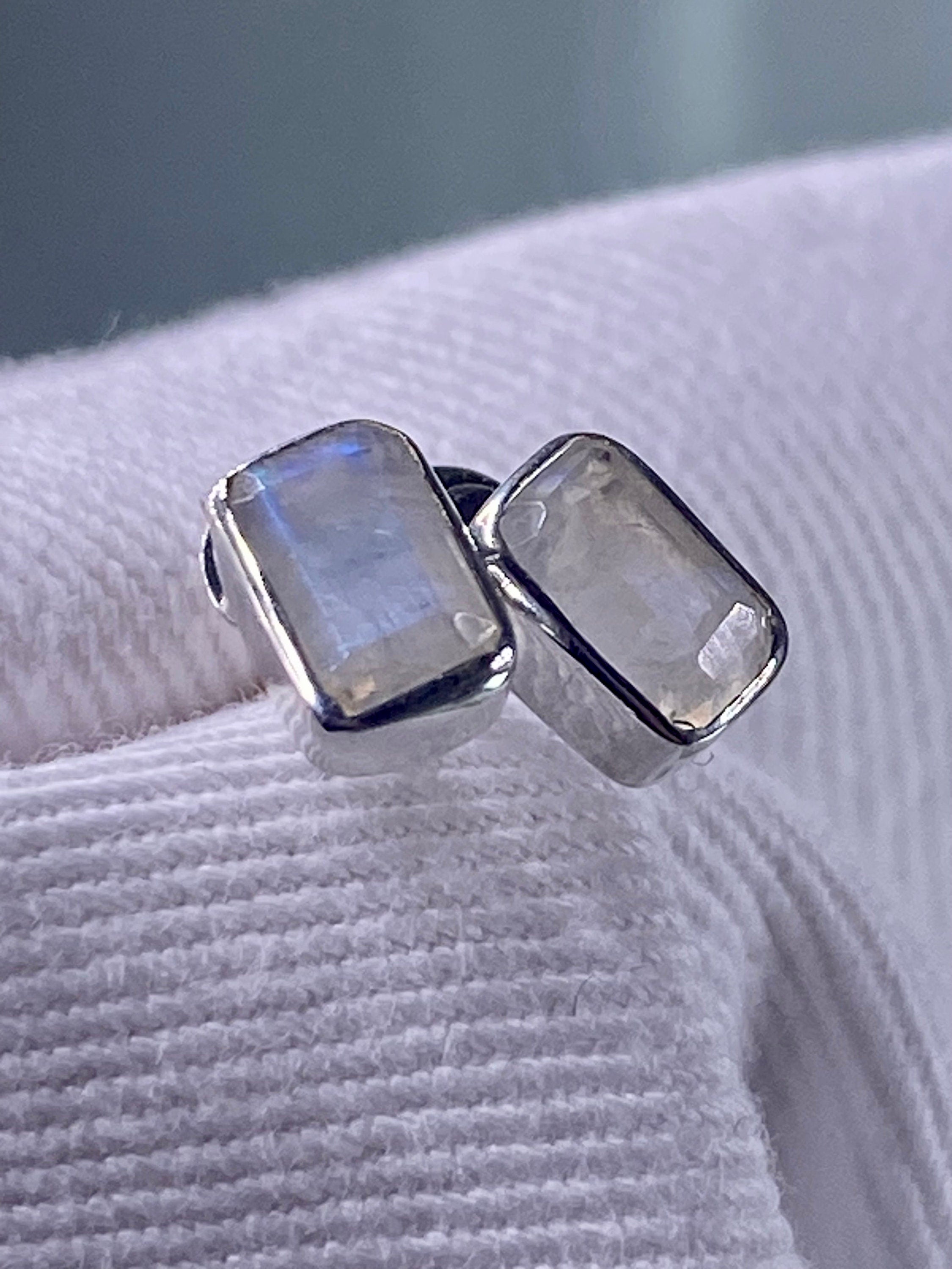 Blue Fire Moonstone and Silver Stud Earrings