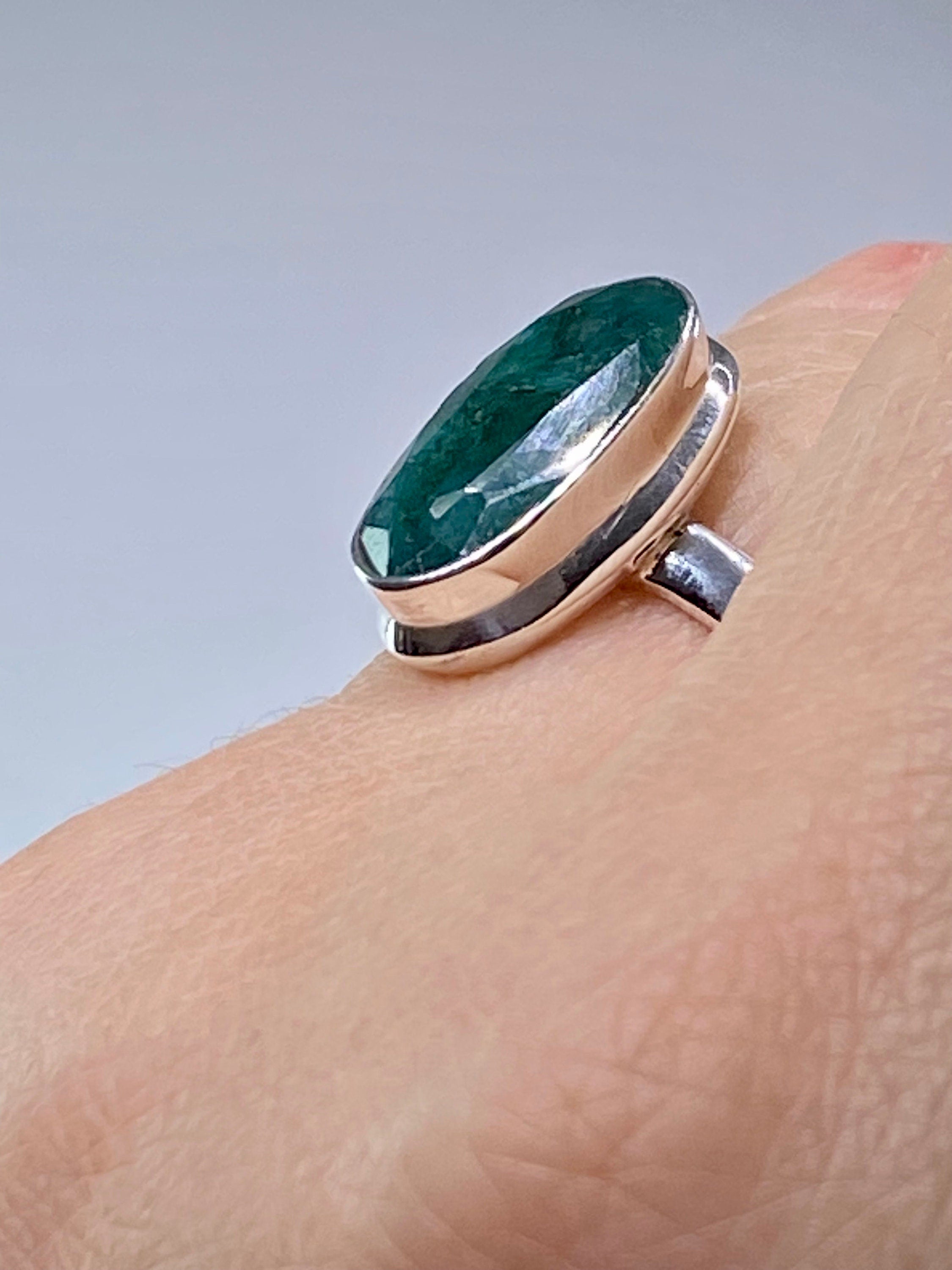 Raw Faceted Emerald Ring, Oval Sterling Silver 17mm x 8mm, Handmade UK
