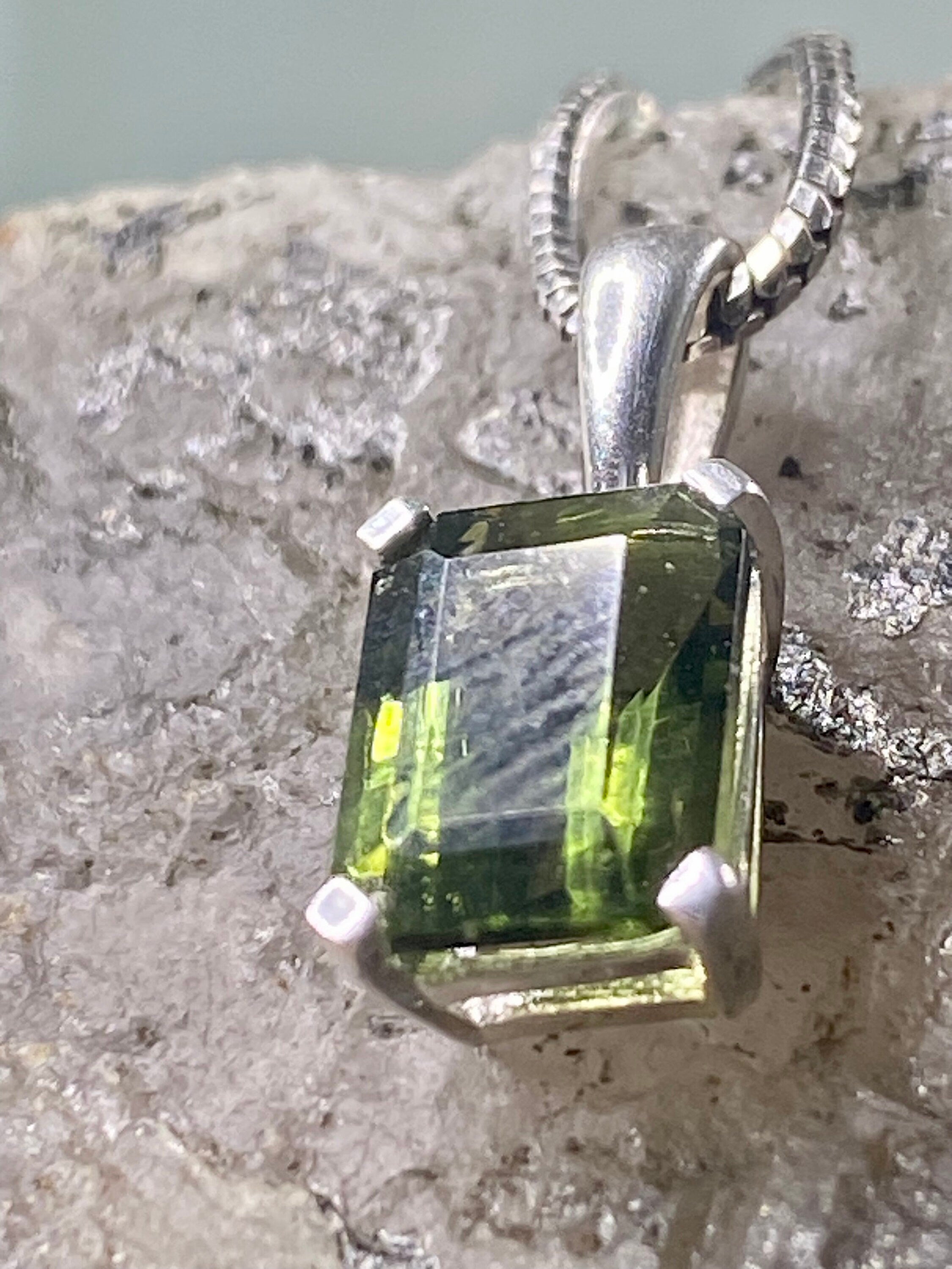 Natural MOLDAVITE and Sterling Silver Pendant