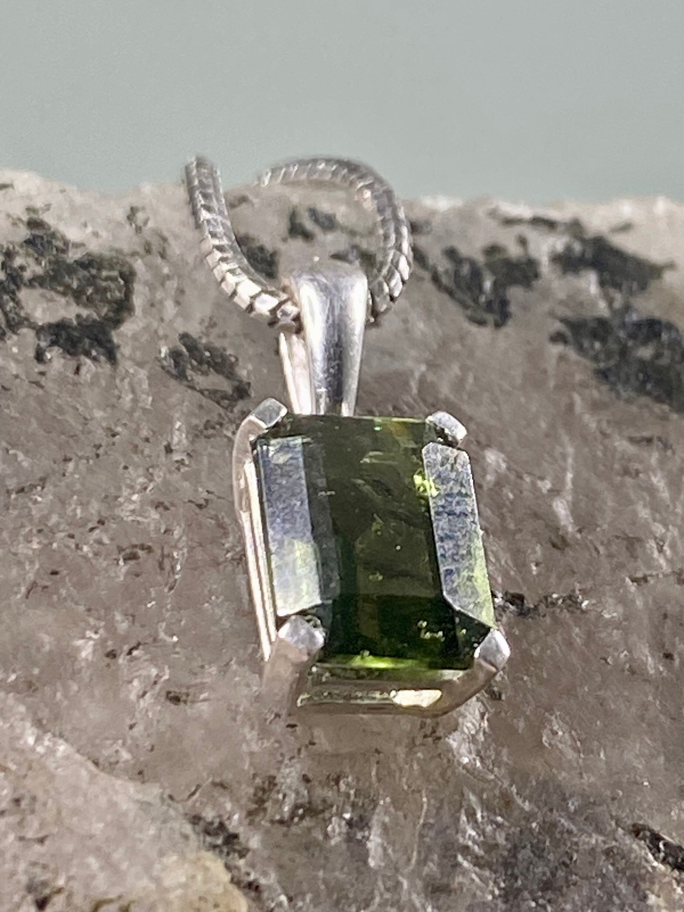 Natural MOLDAVITE and Sterling Silver Pendant