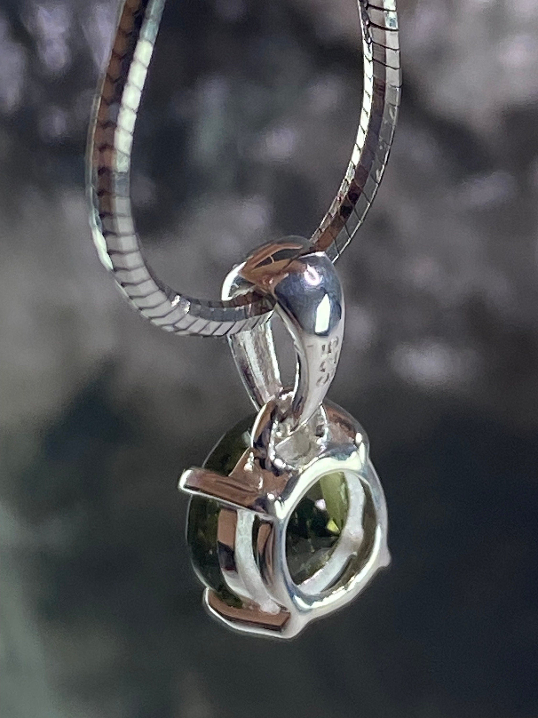 Certified Natural Moldavite 0.60ct Round • 925 Silver Pendant (4-Prong) • Copy of Lab Report Included