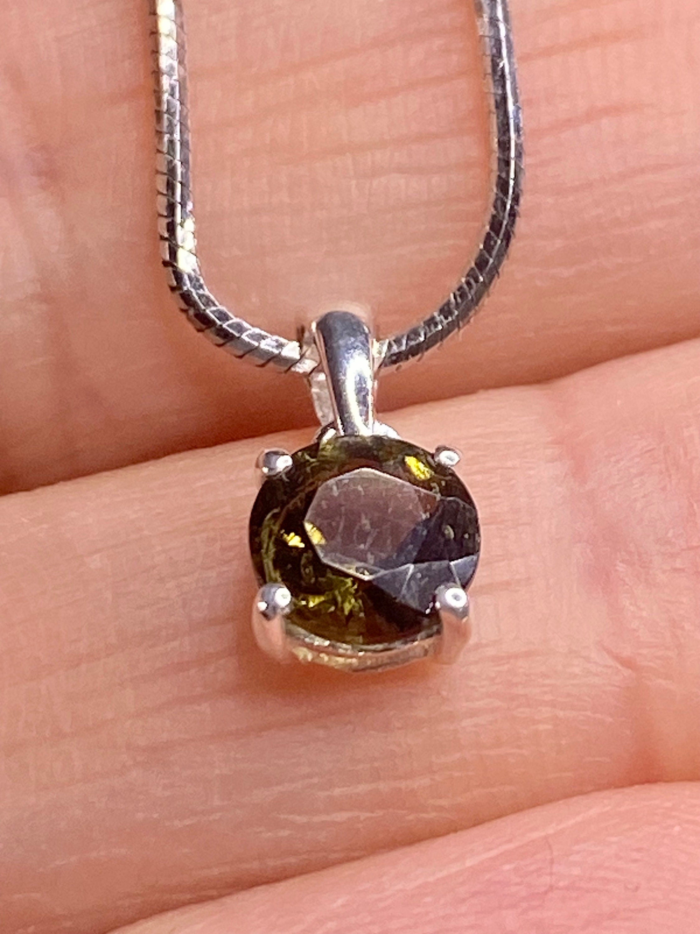 Certified Natural Moldavite 0.60ct Round • 925 Silver Pendant (4-Prong) • Copy of Lab Report Included