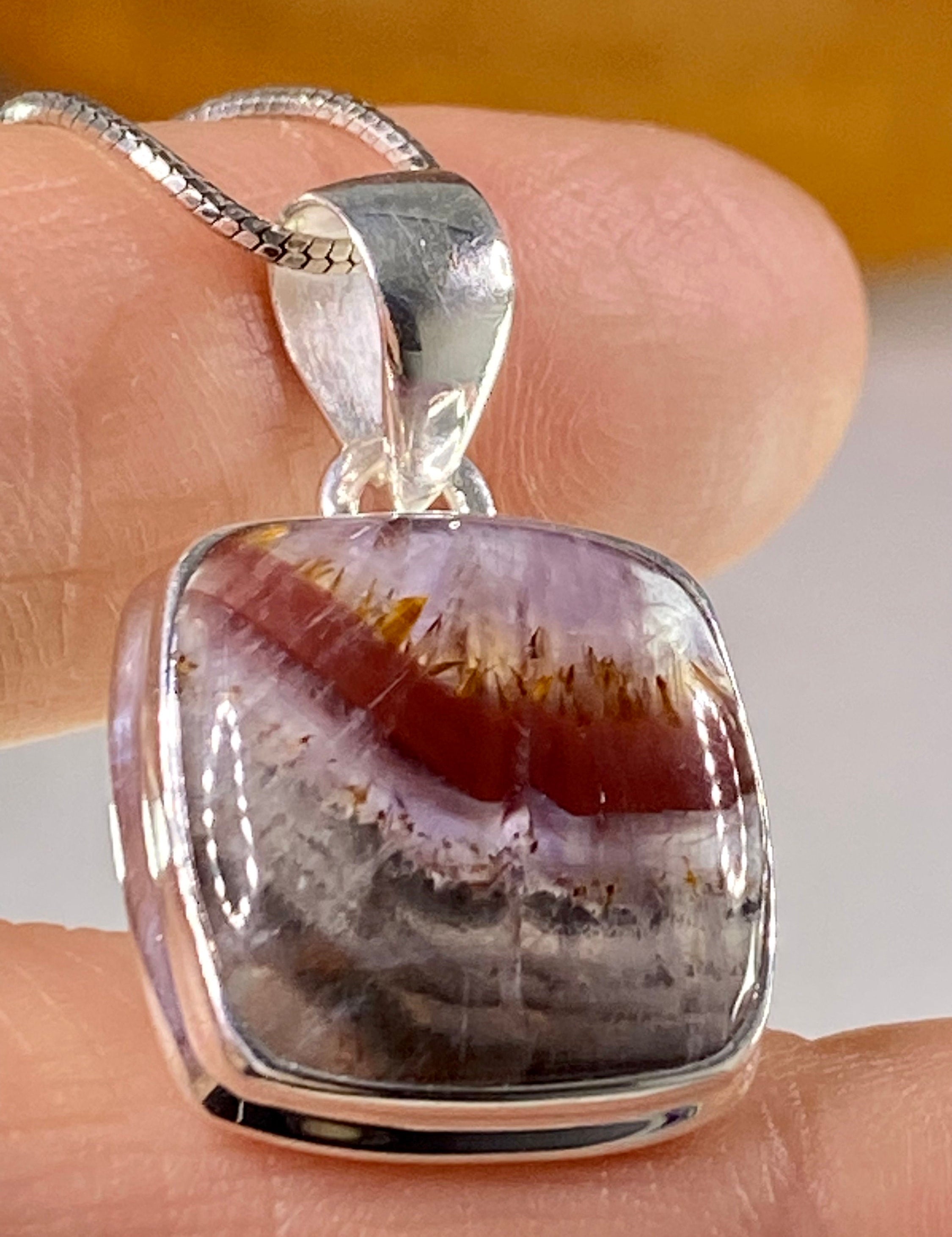 High Quality Cacoxenite in Purple Amethyst and Silver Pendant