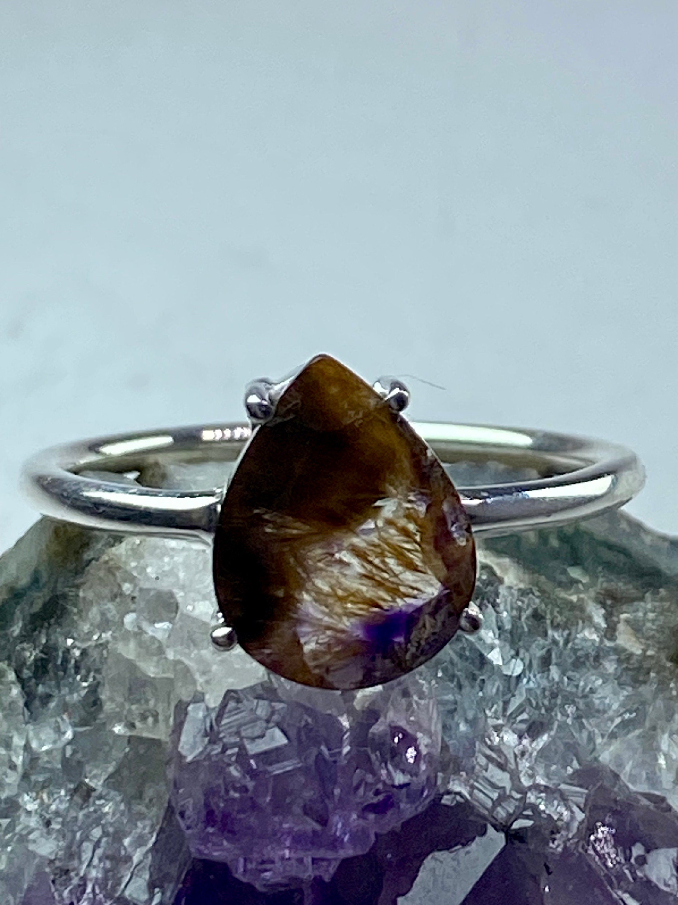 High Quality Cacoxenite in Purple Amethyst and Silver Ring