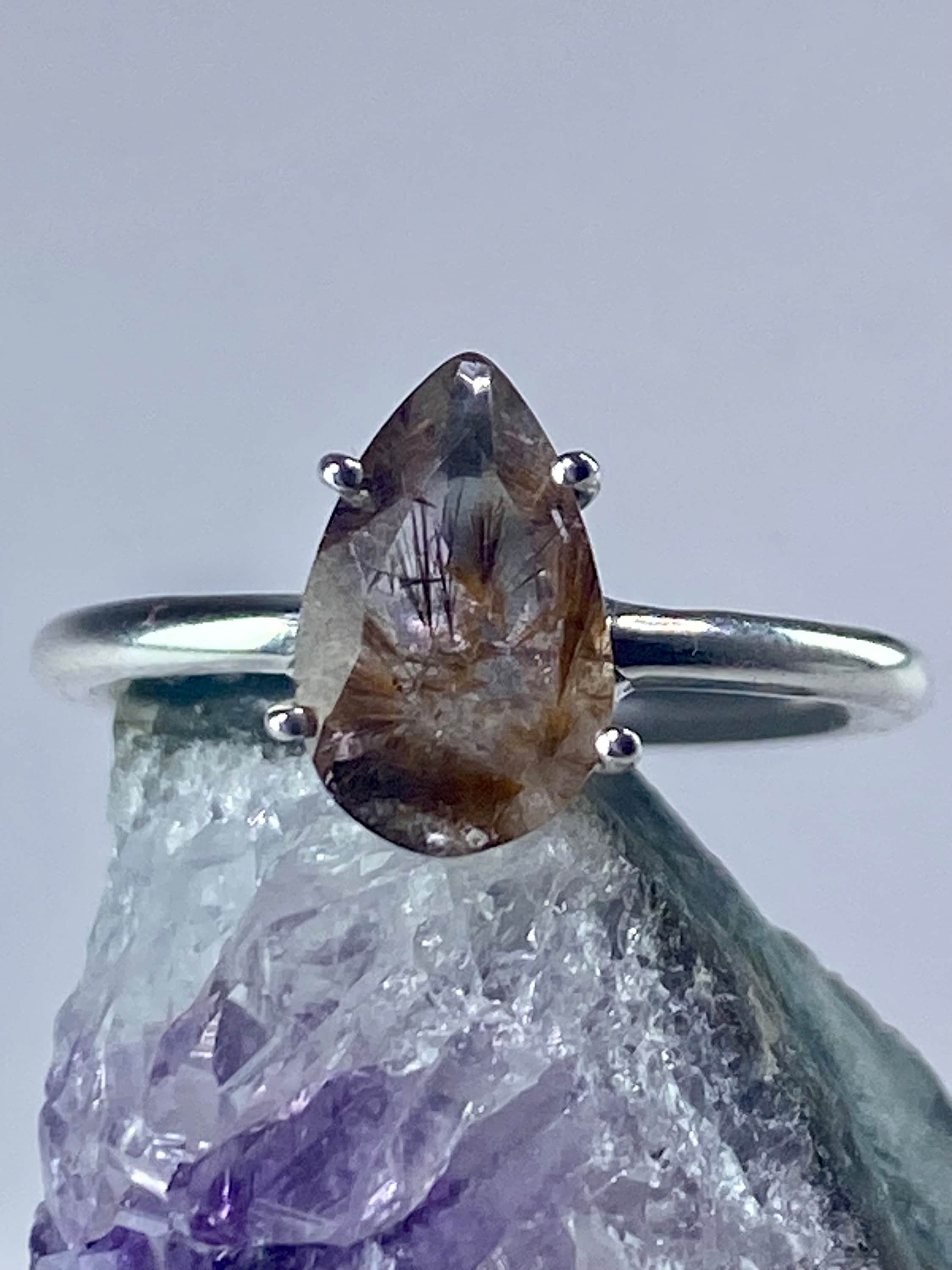 High Quality Cacoxenite in Purple Amethyst and Silver Ring