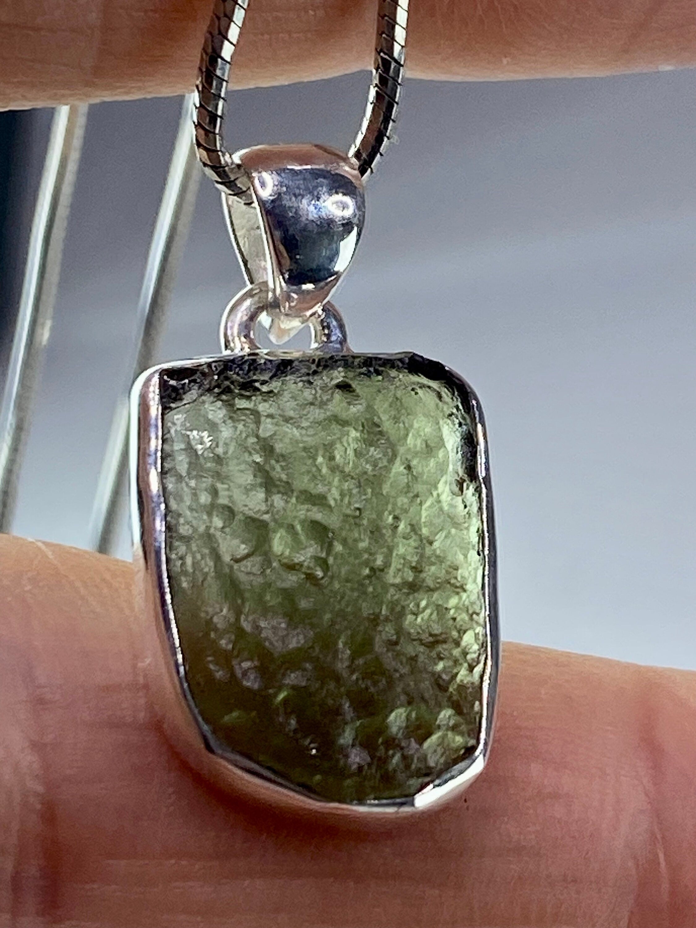 Natural MOLDAVITE and Sterling Silver Pendant