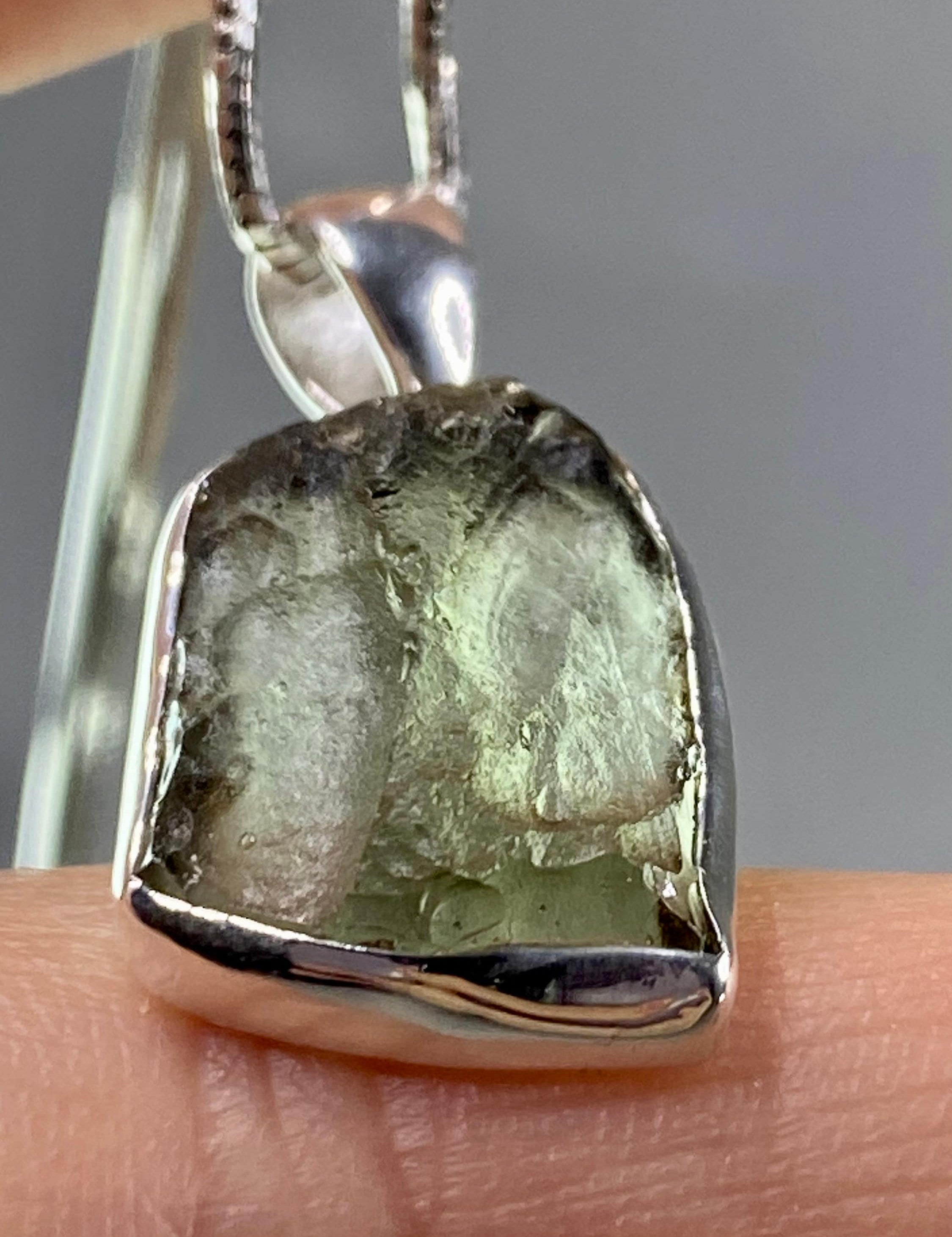 Natural MOLDAVITE and Sterling Silver Pendant