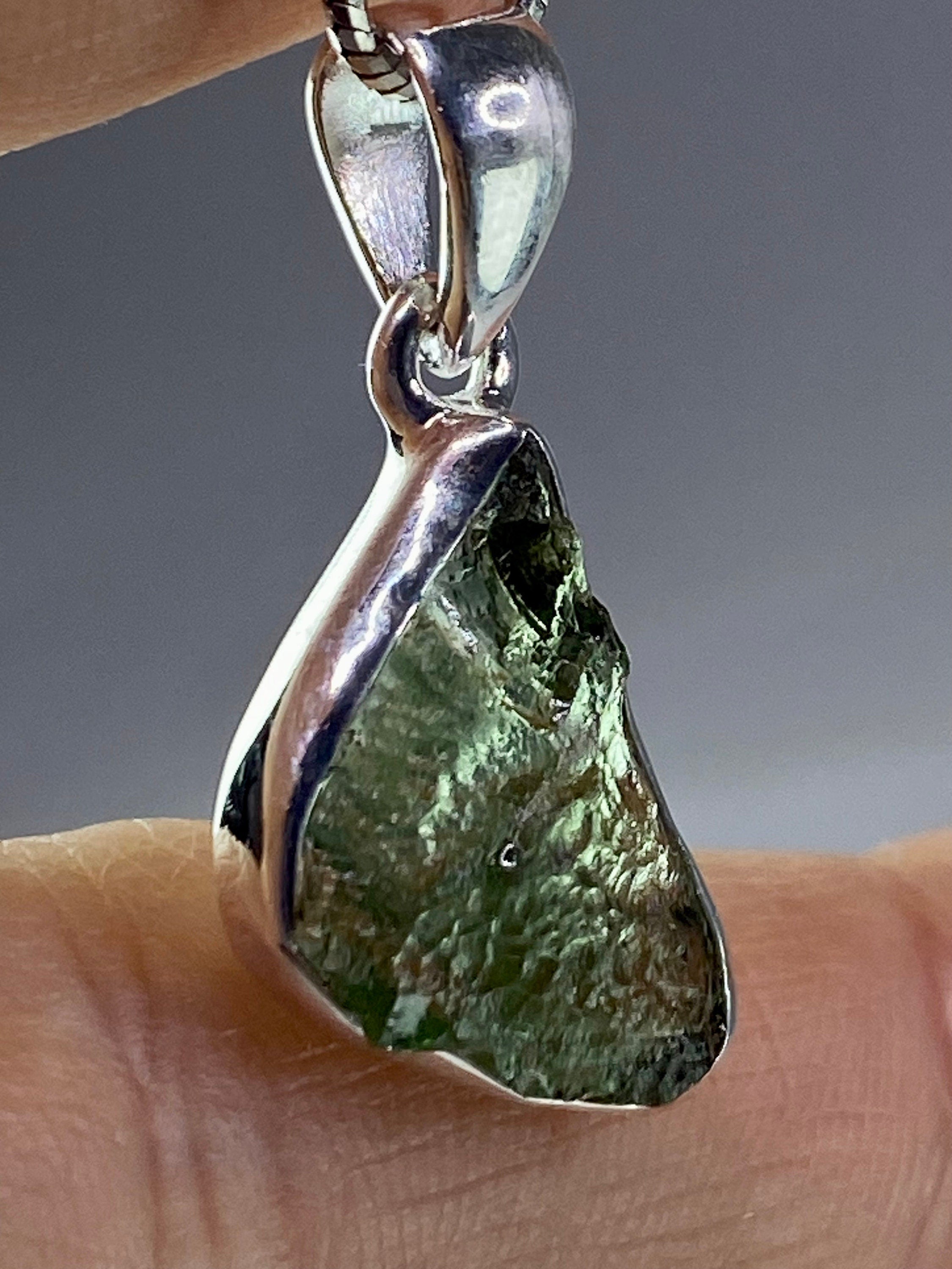 Natural MOLDAVITE and Sterling Silver Pendant