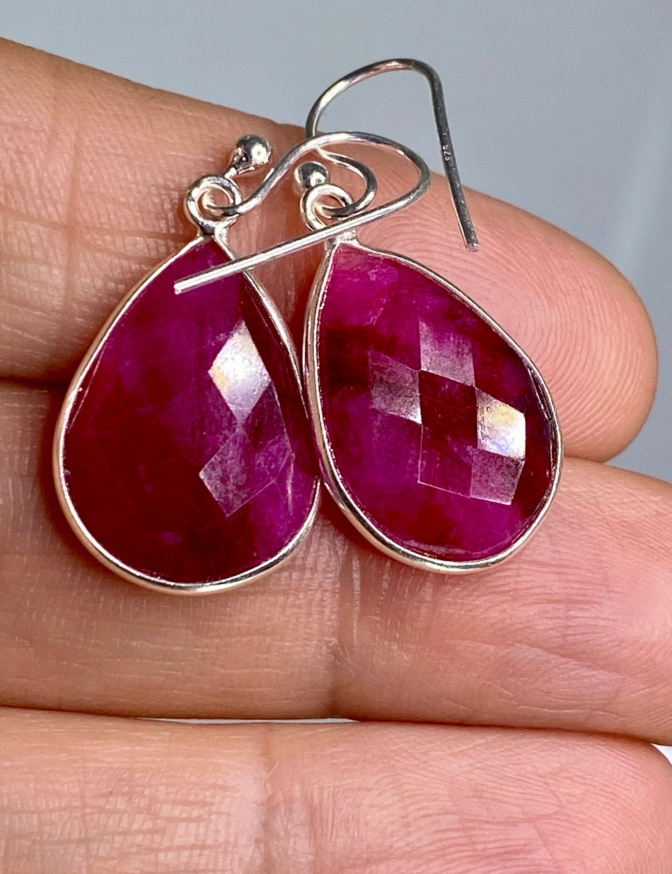 Raw Faceted Ruby and Silver Dangle Earrings