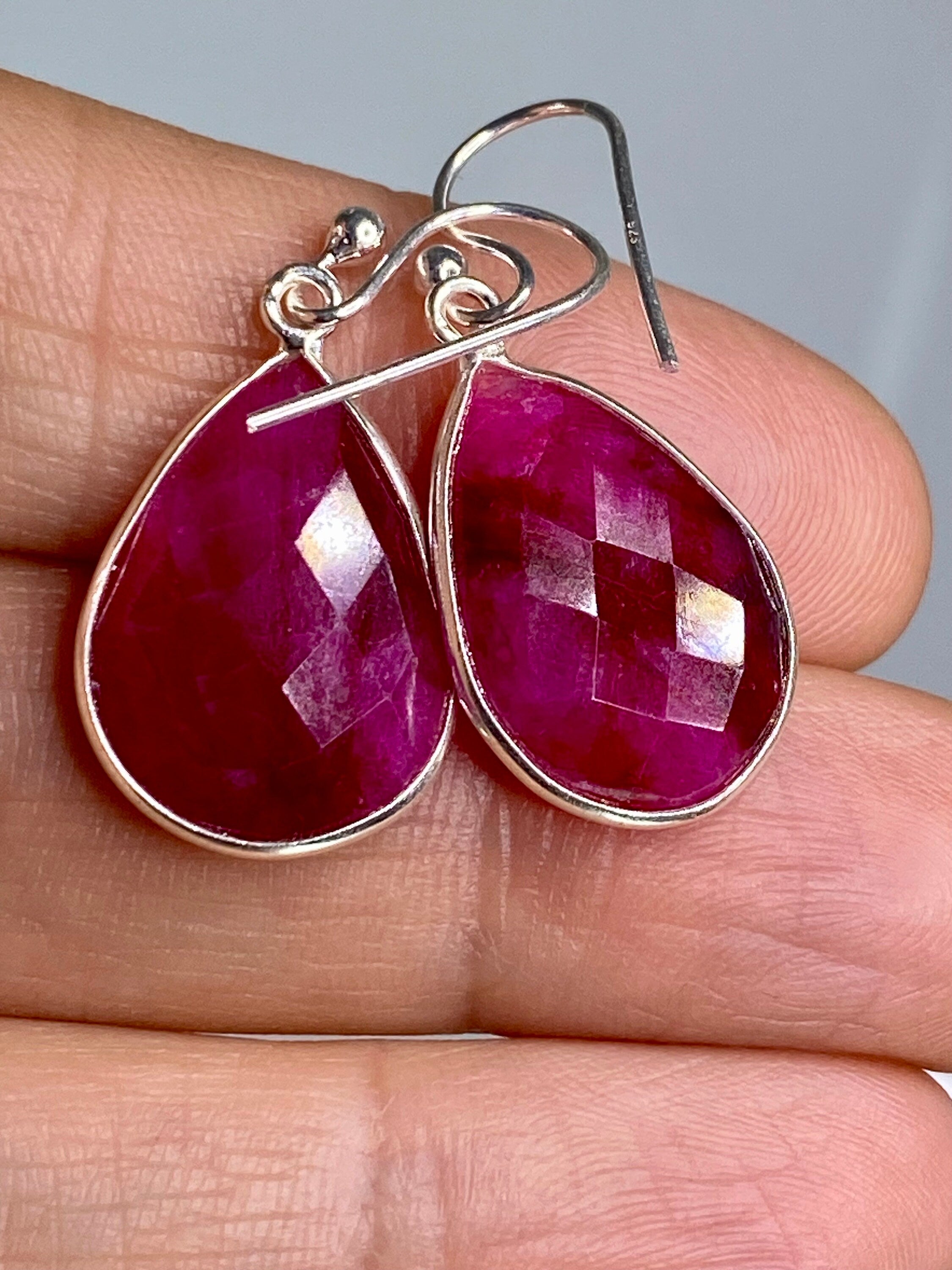 Raw Faceted Ruby and Silver Dangle Earrings