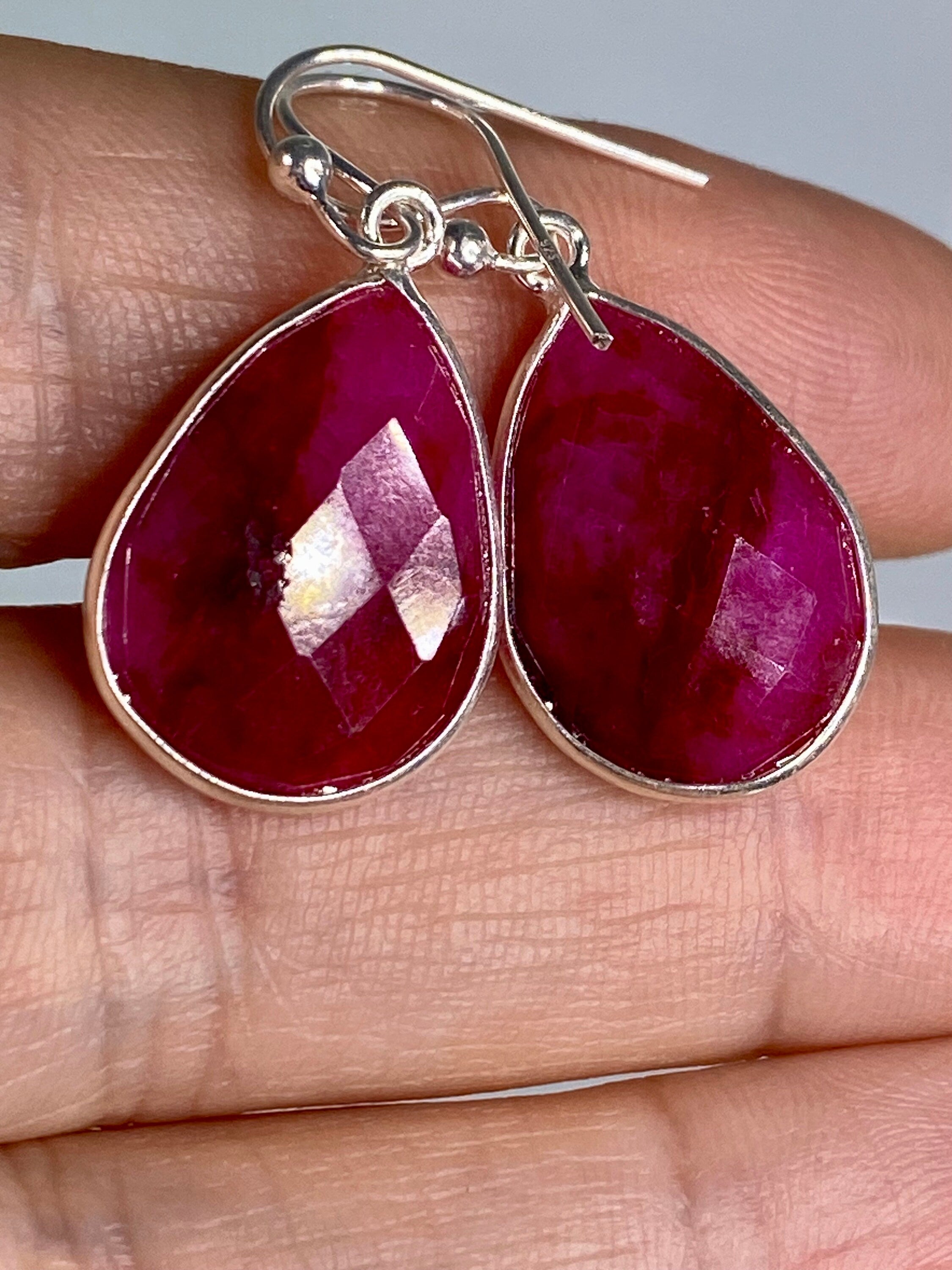 Raw Faceted Ruby and Silver Dangle Earrings