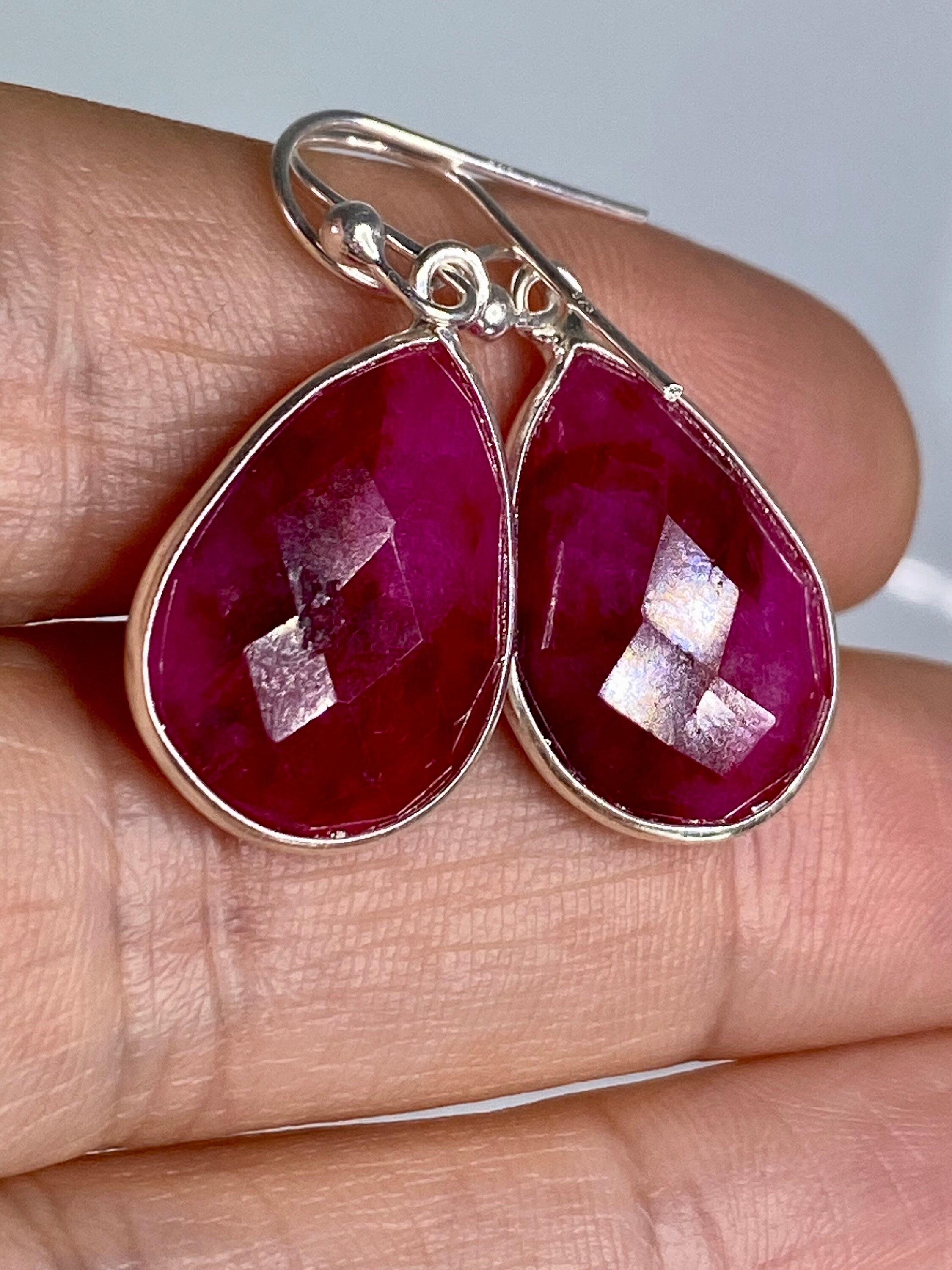 Raw Faceted Ruby and Silver Dangle Earrings