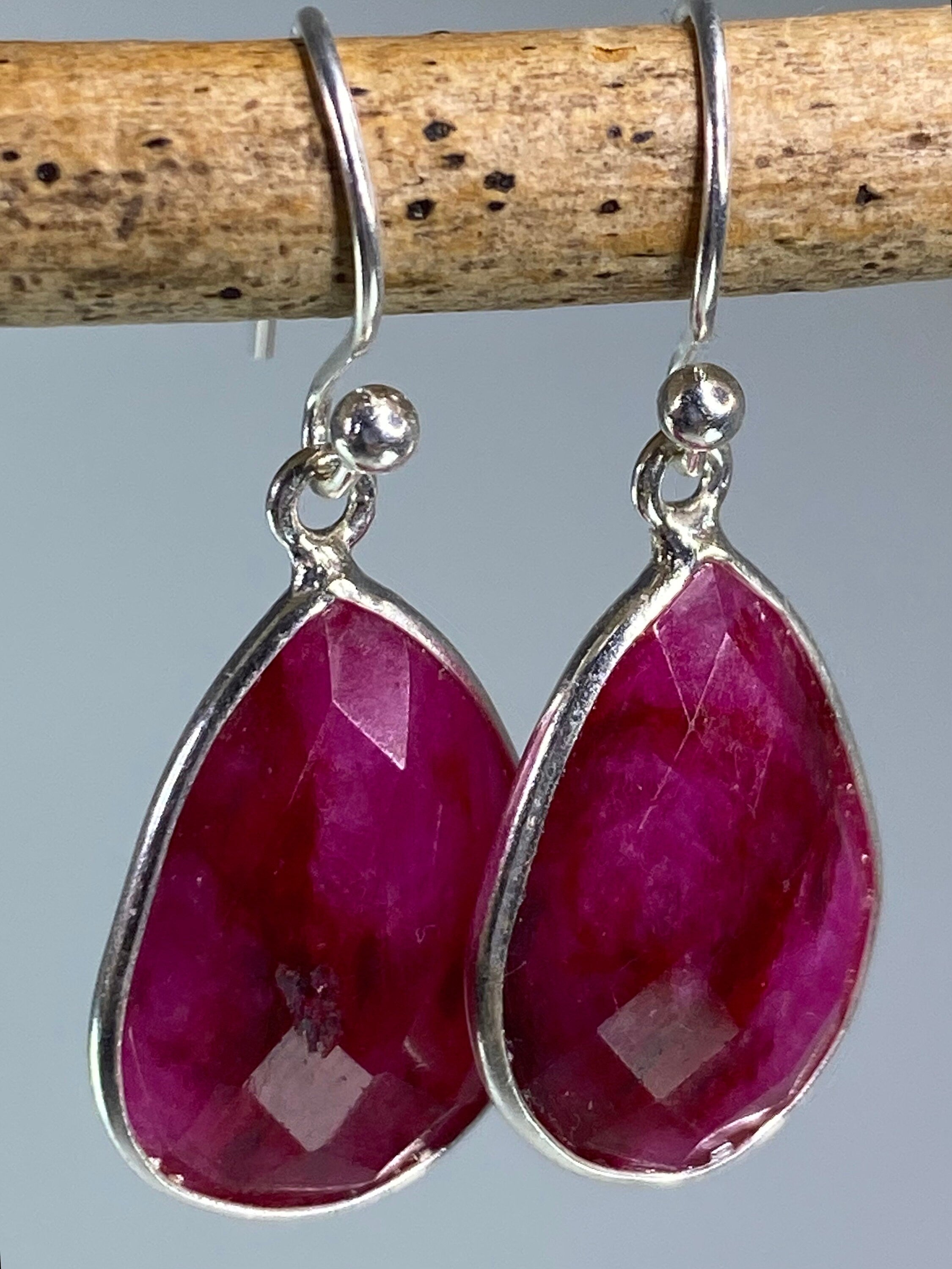 Raw Faceted Ruby and Silver Dangle Earrings