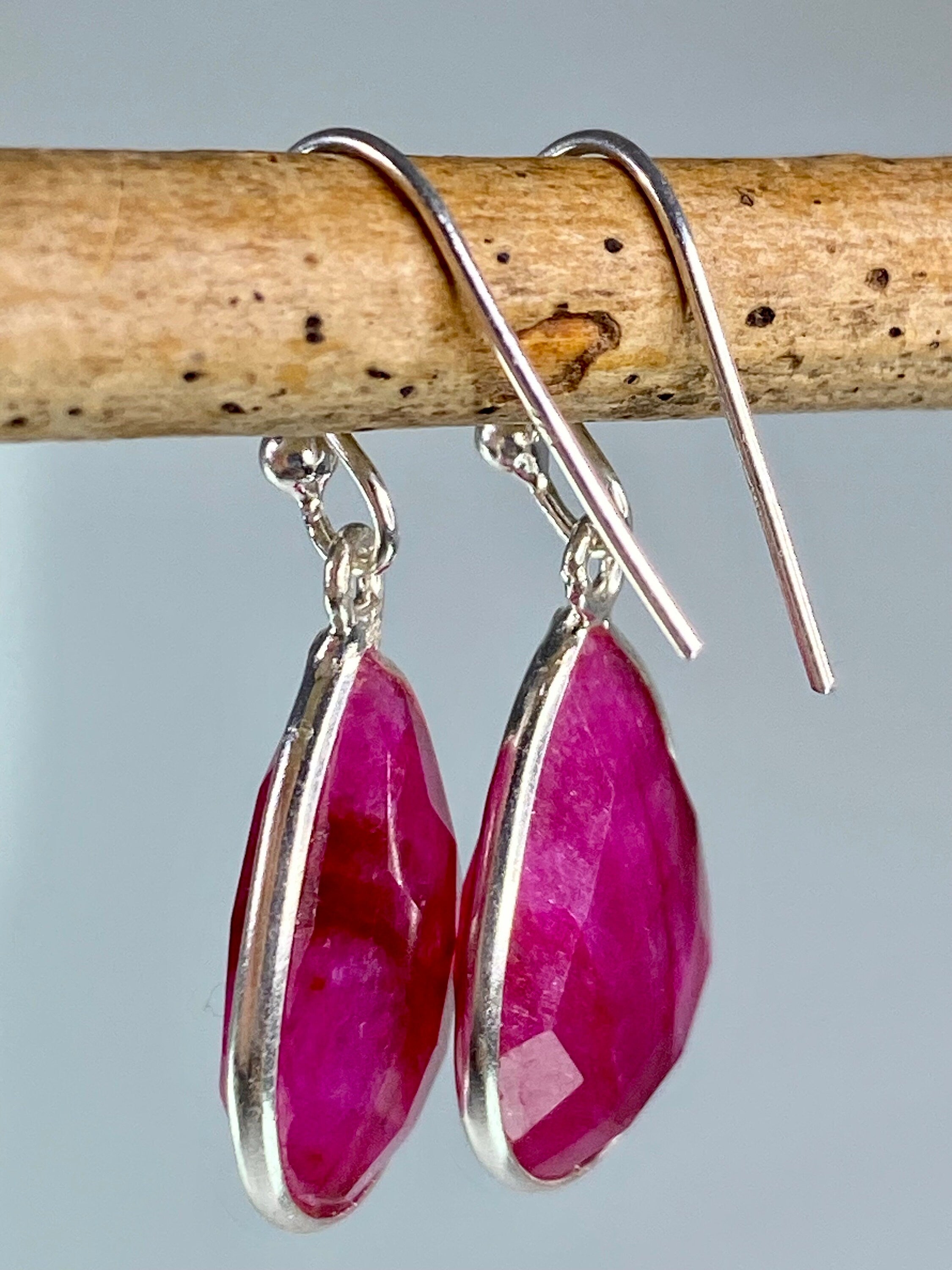 Raw Faceted Ruby and Silver Dangle Earrings