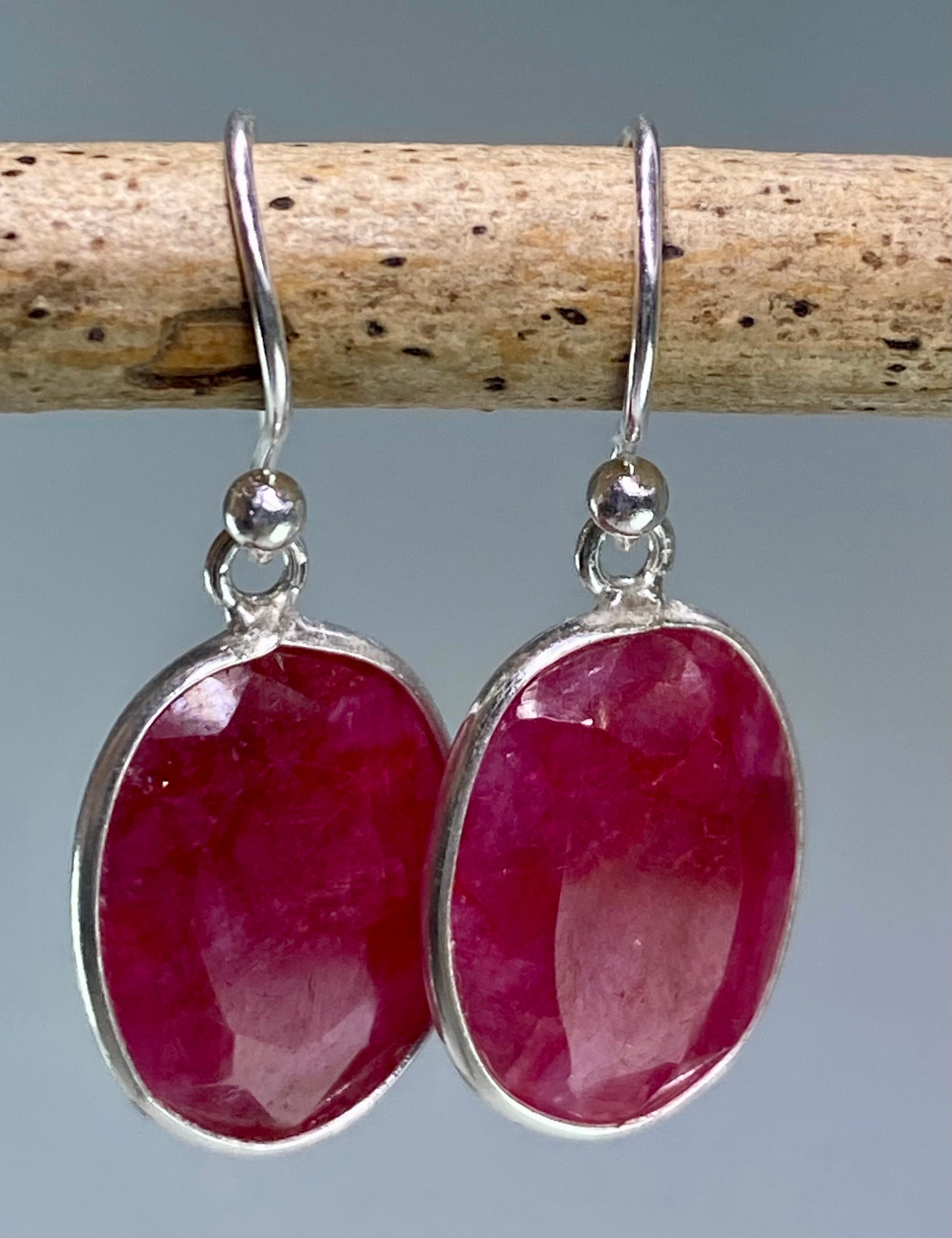 Raw Faceted Ruby and Silver Dangle Earrings