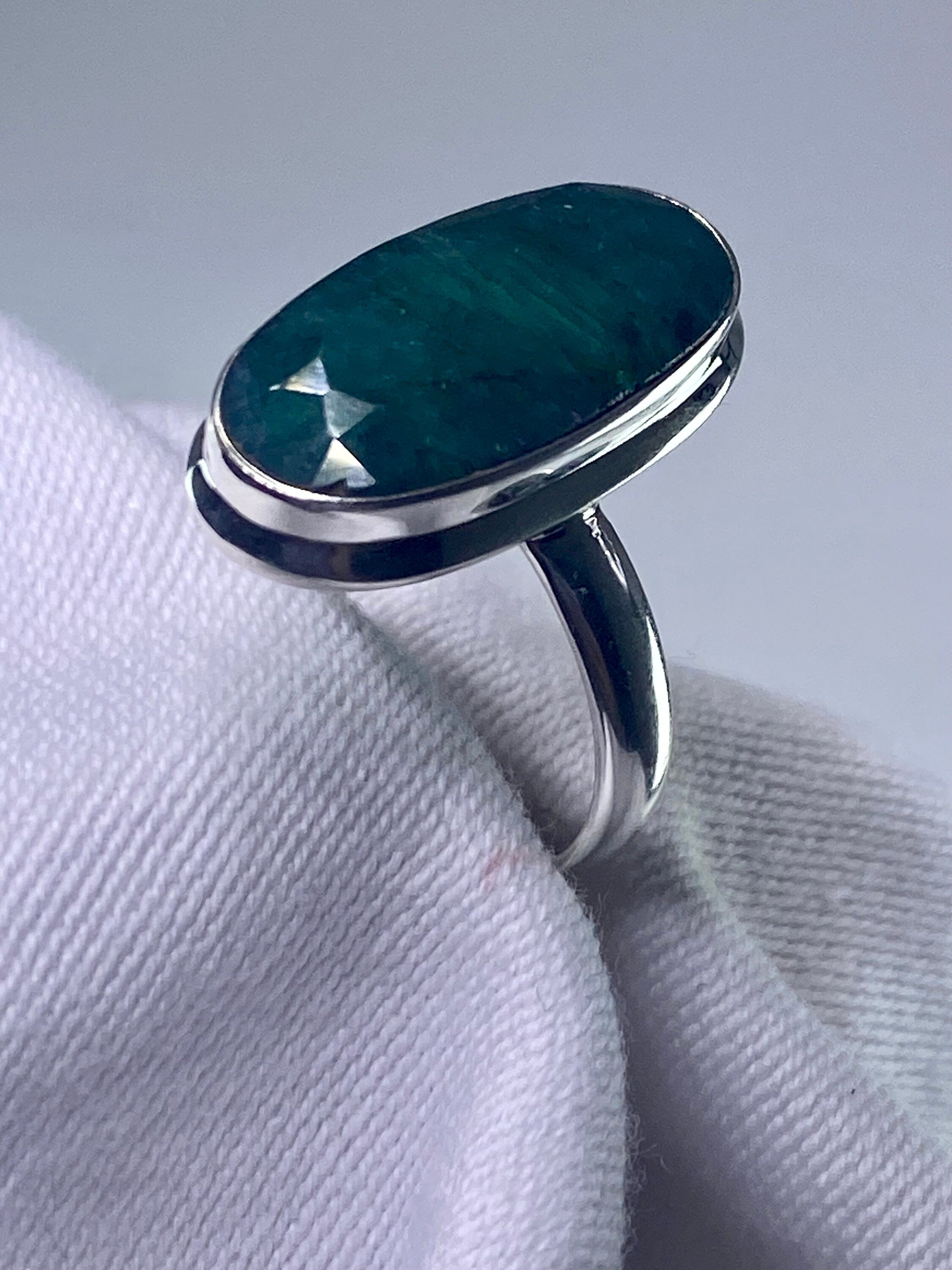 Raw Faceted Emerald and Silver Ring