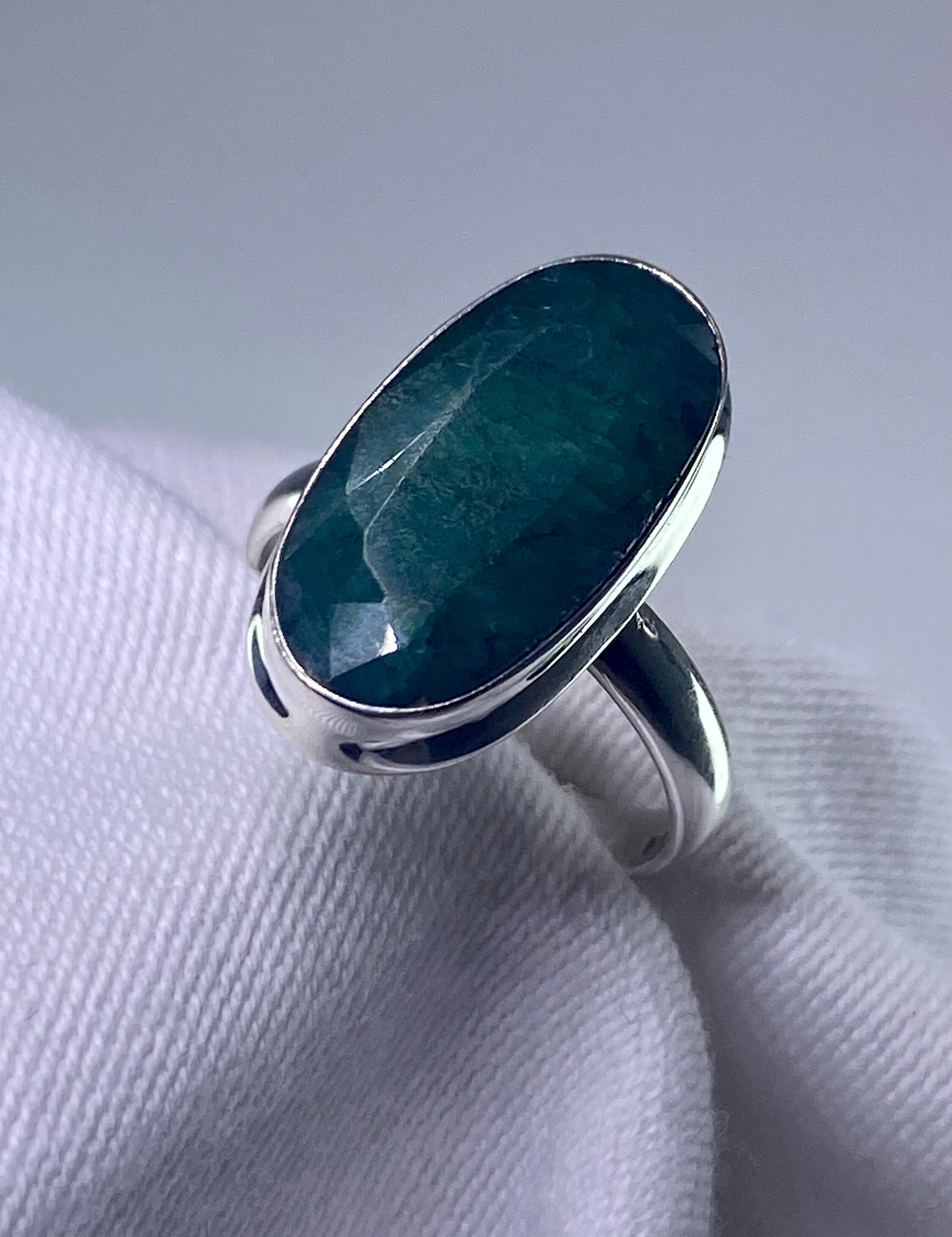 Raw Faceted Emerald and Silver Ring