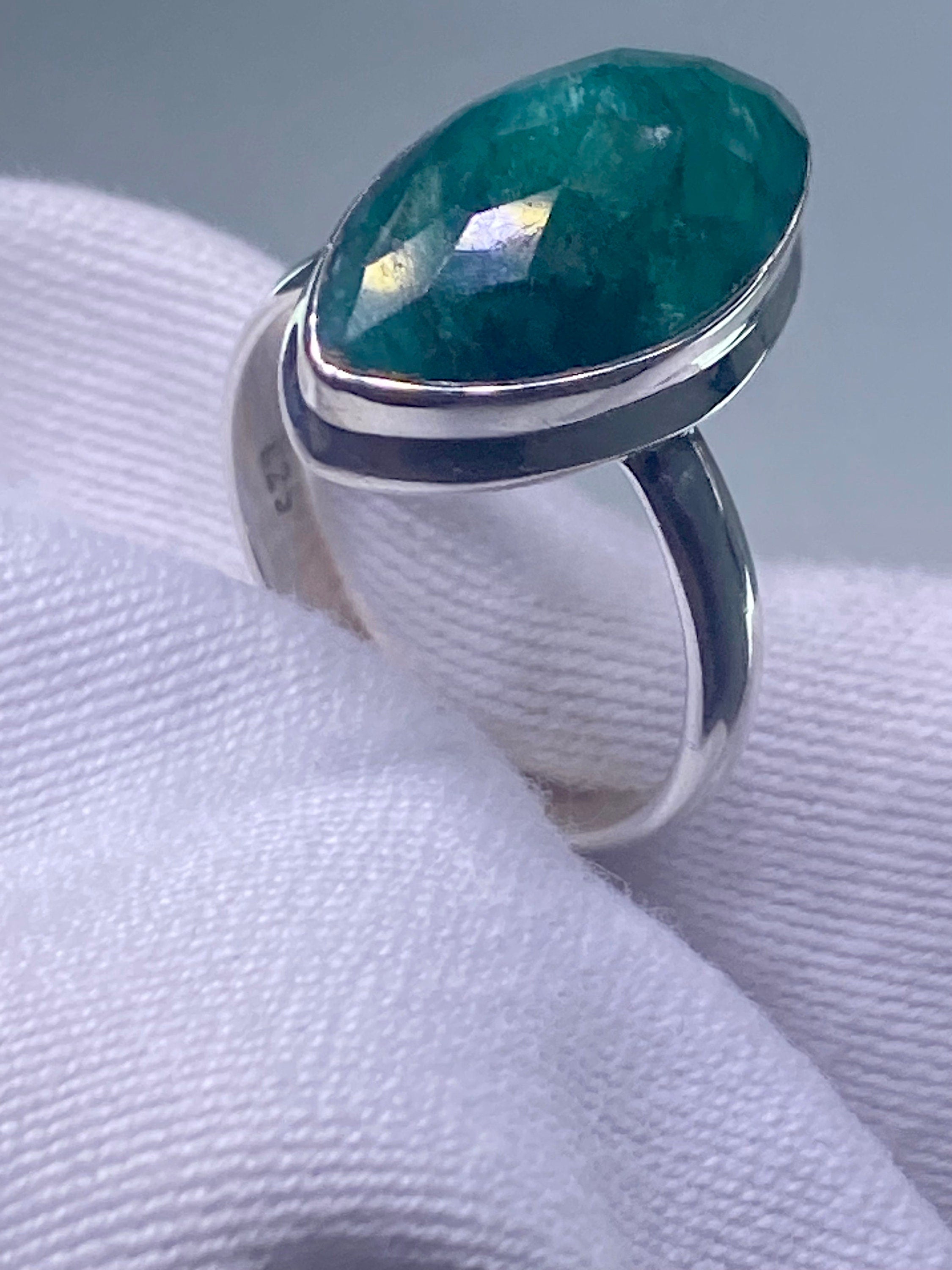 Raw Faceted Emerald and Silver Ring