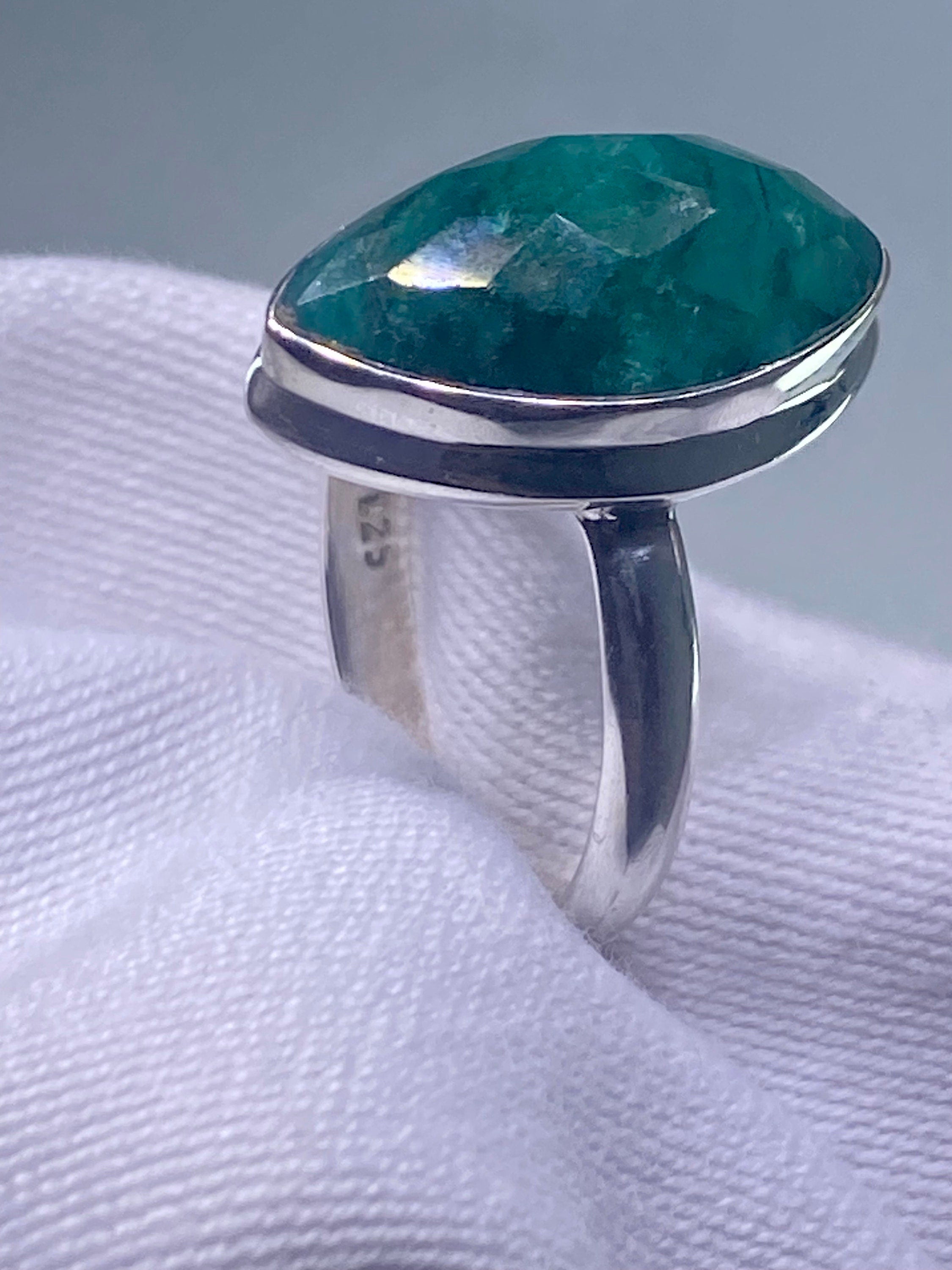 Raw Faceted Emerald and Silver Ring