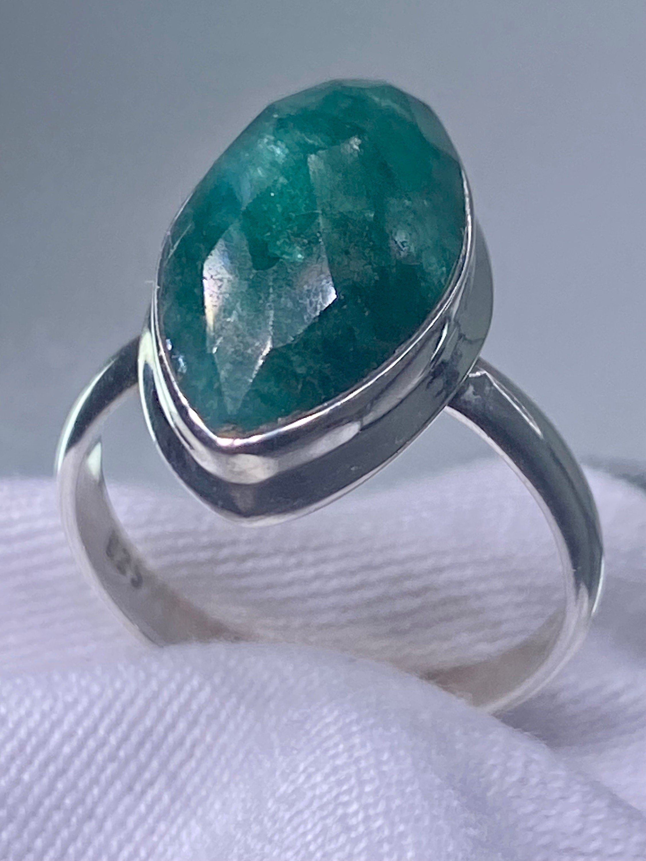 Raw Faceted Emerald and Silver Ring