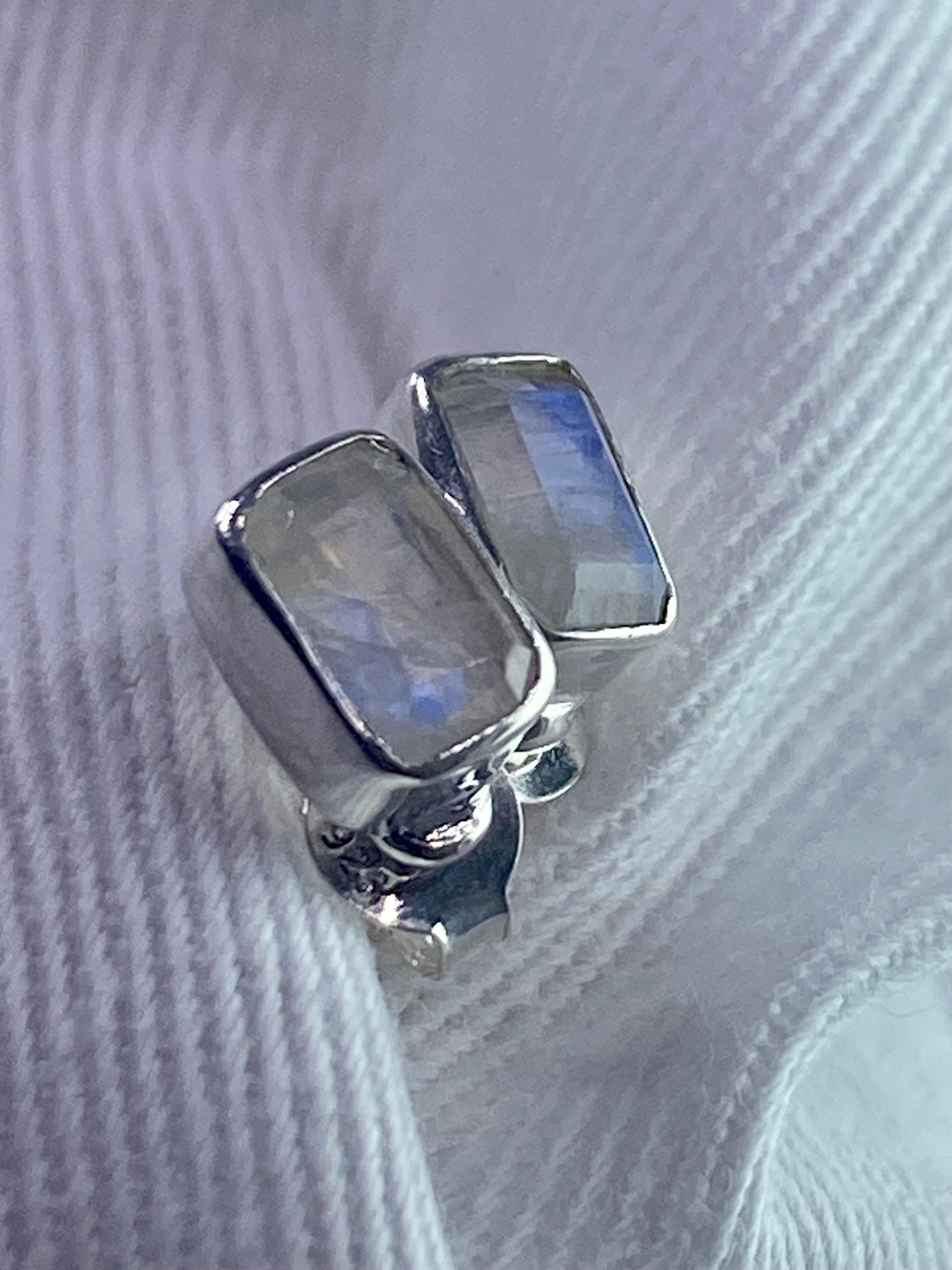 Blue Fire Moonstone and Silver Stud Earrings