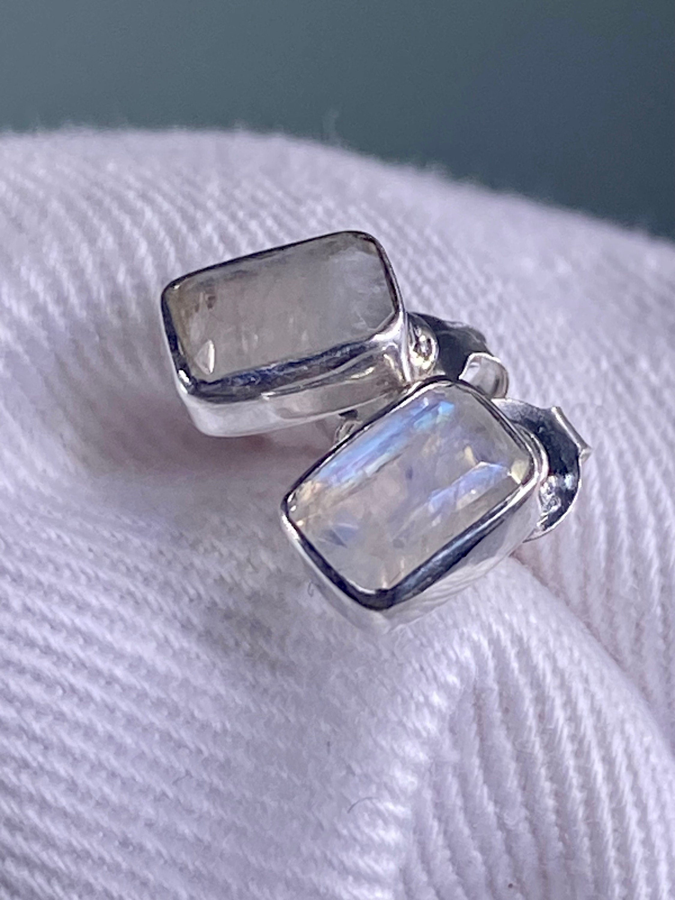 Blue Fire Moonstone and Silver Stud Earrings