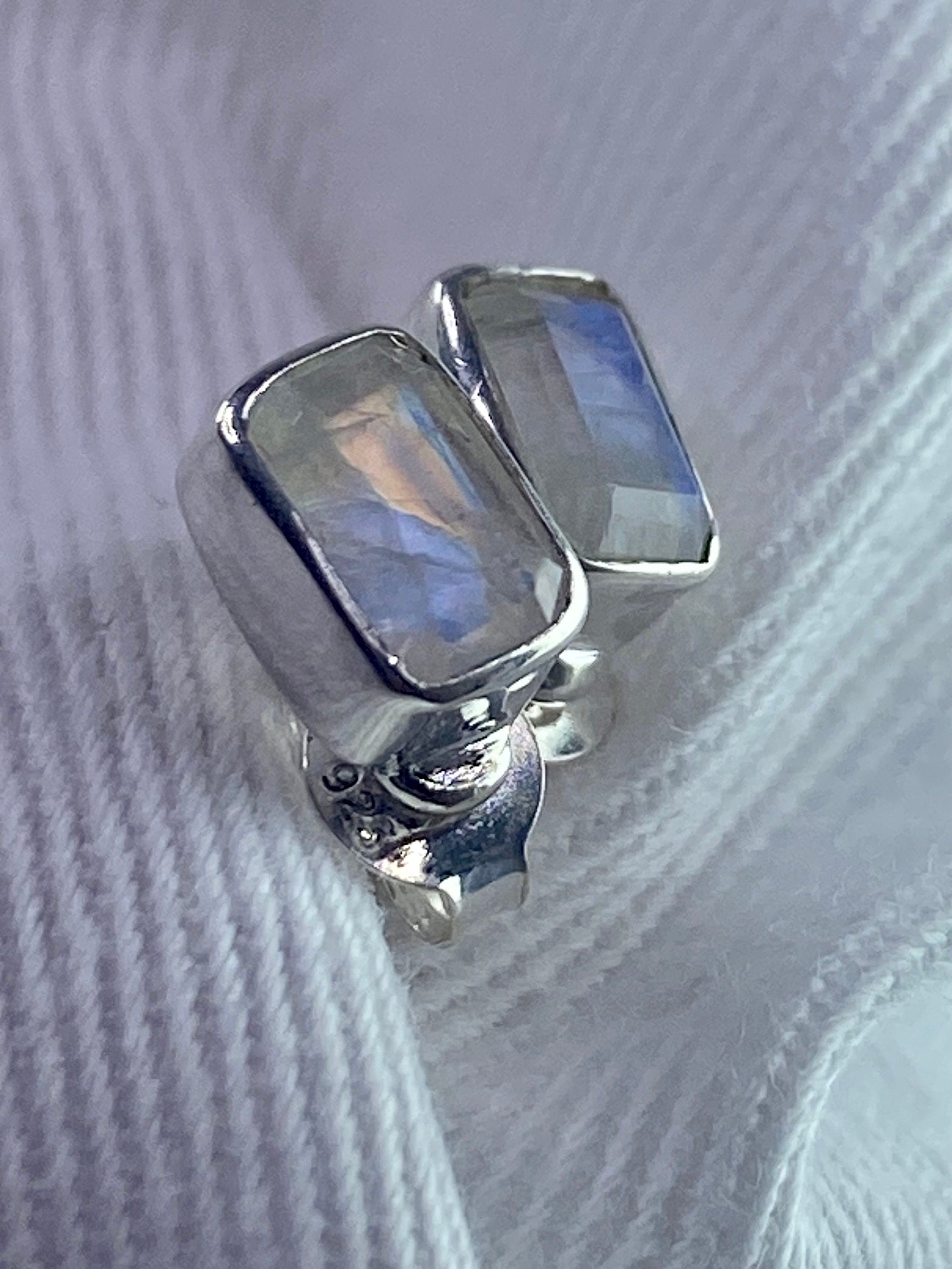 Blue Fire Moonstone and Silver Stud Earrings