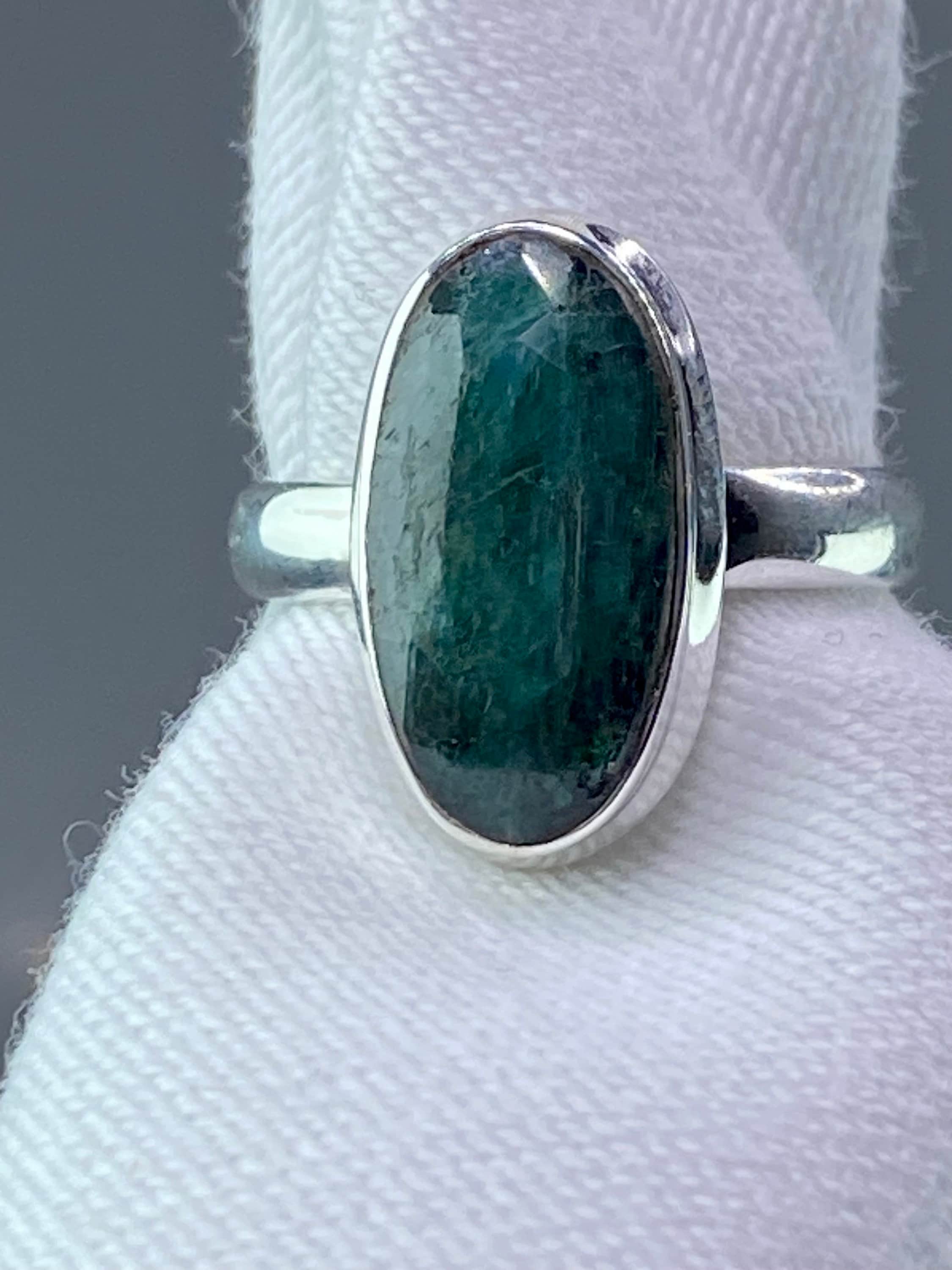 Raw Faceted Emerald Ring, Oval Sterling Silver 17mm x 8mm, Handmade UK