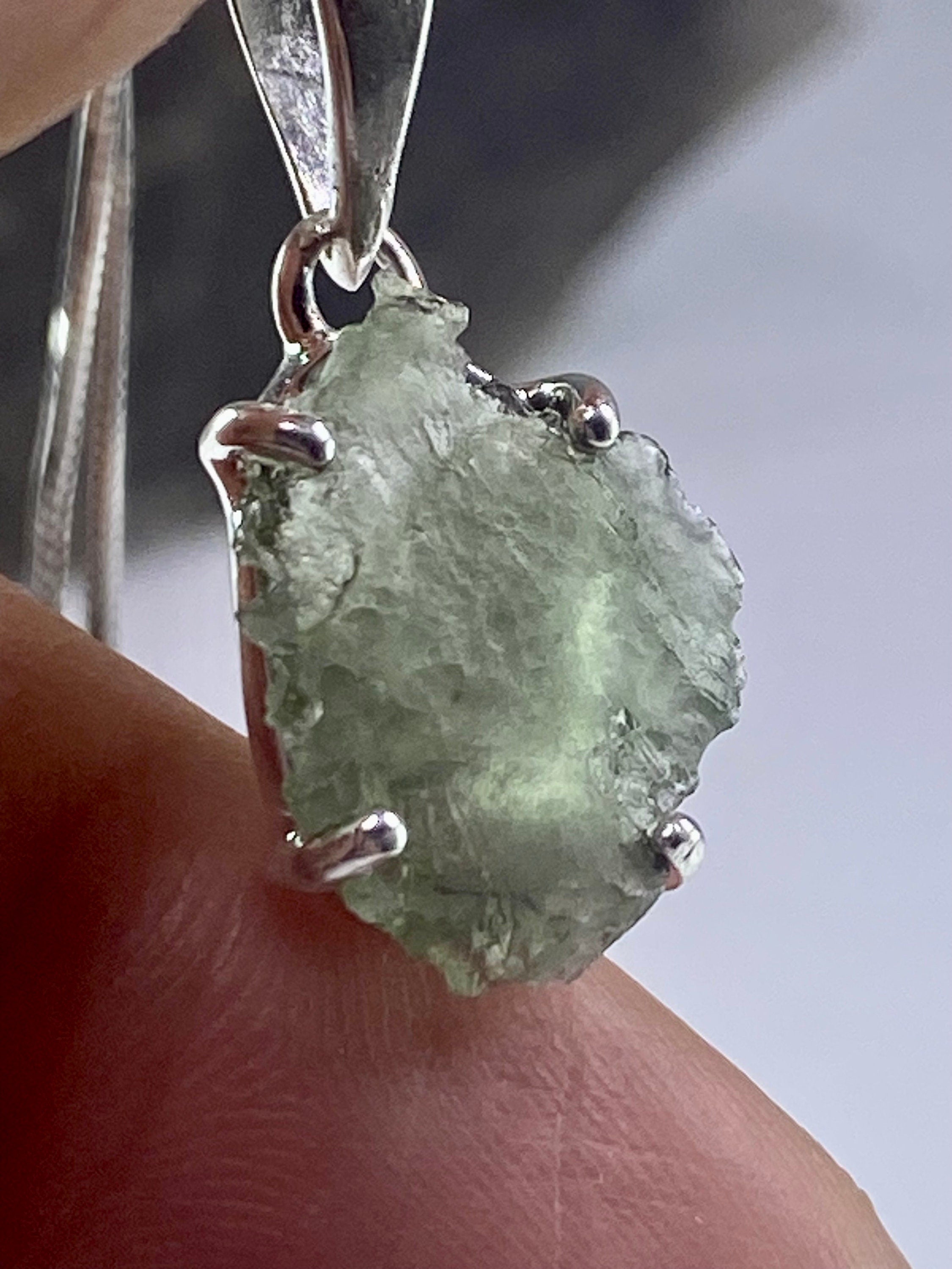 Natural MOLDAVITE and Sterling Silver Pendant