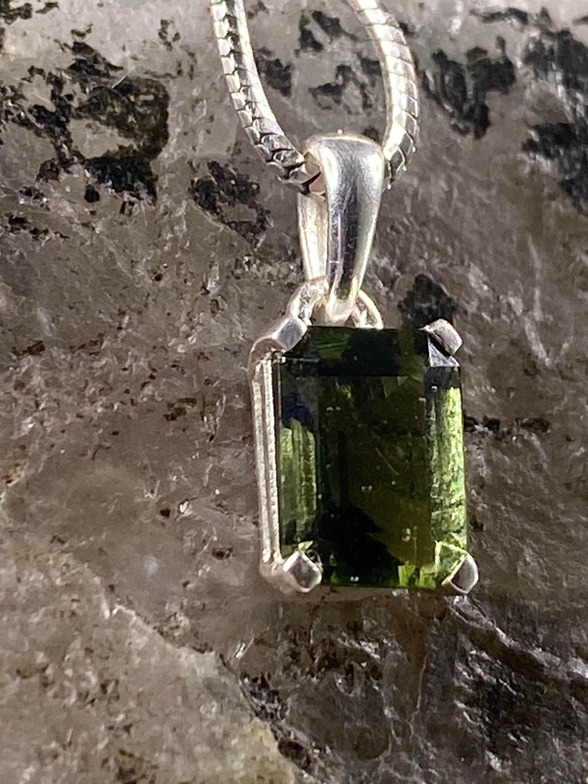 Natural MOLDAVITE and Sterling Silver Pendant