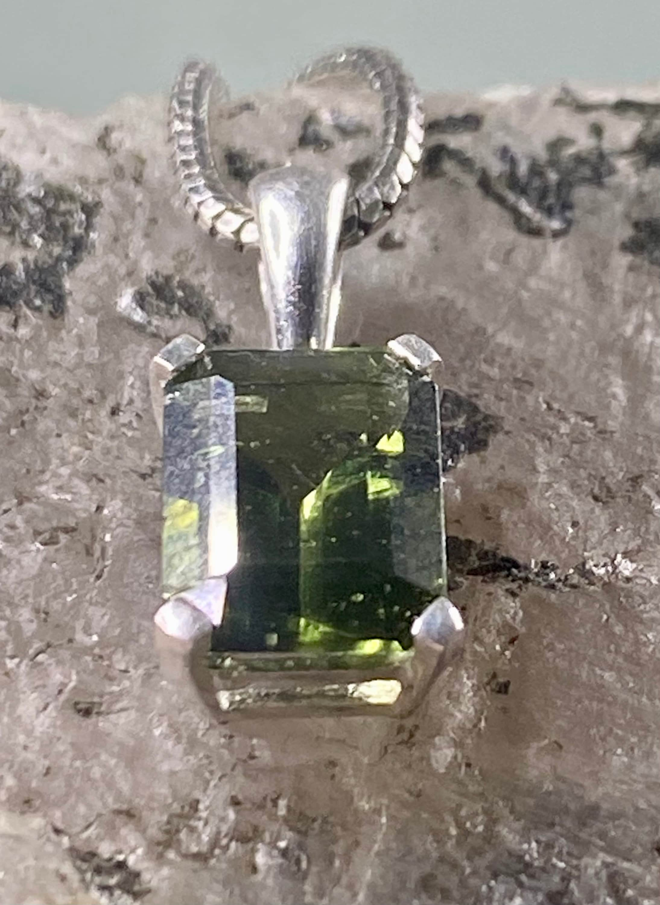 Natural MOLDAVITE and Sterling Silver Pendant