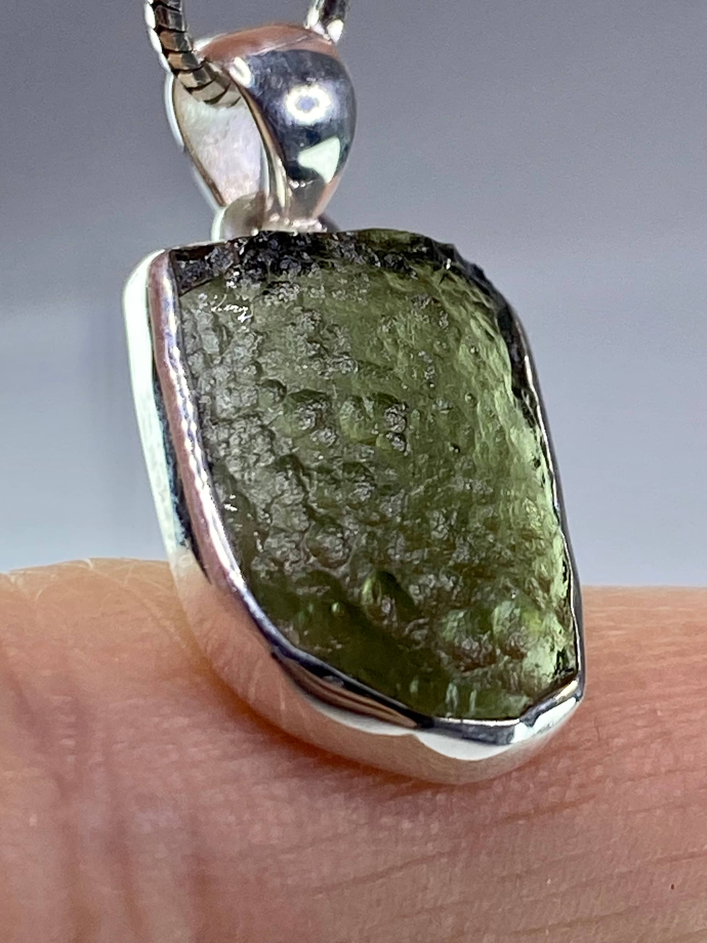 Natural MOLDAVITE and Sterling Silver Pendant