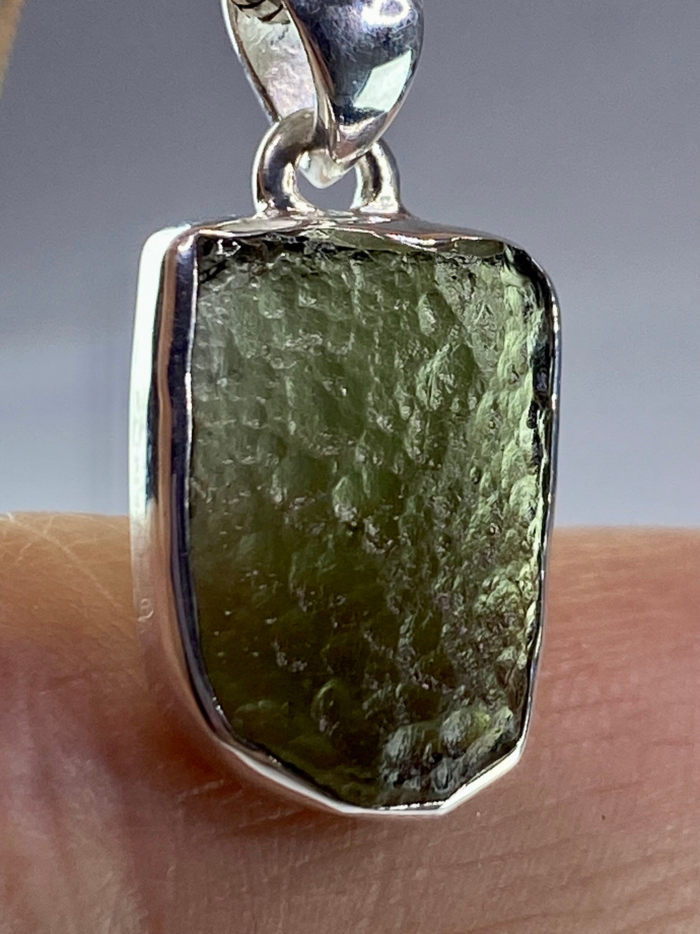 Natural MOLDAVITE and Sterling Silver Pendant