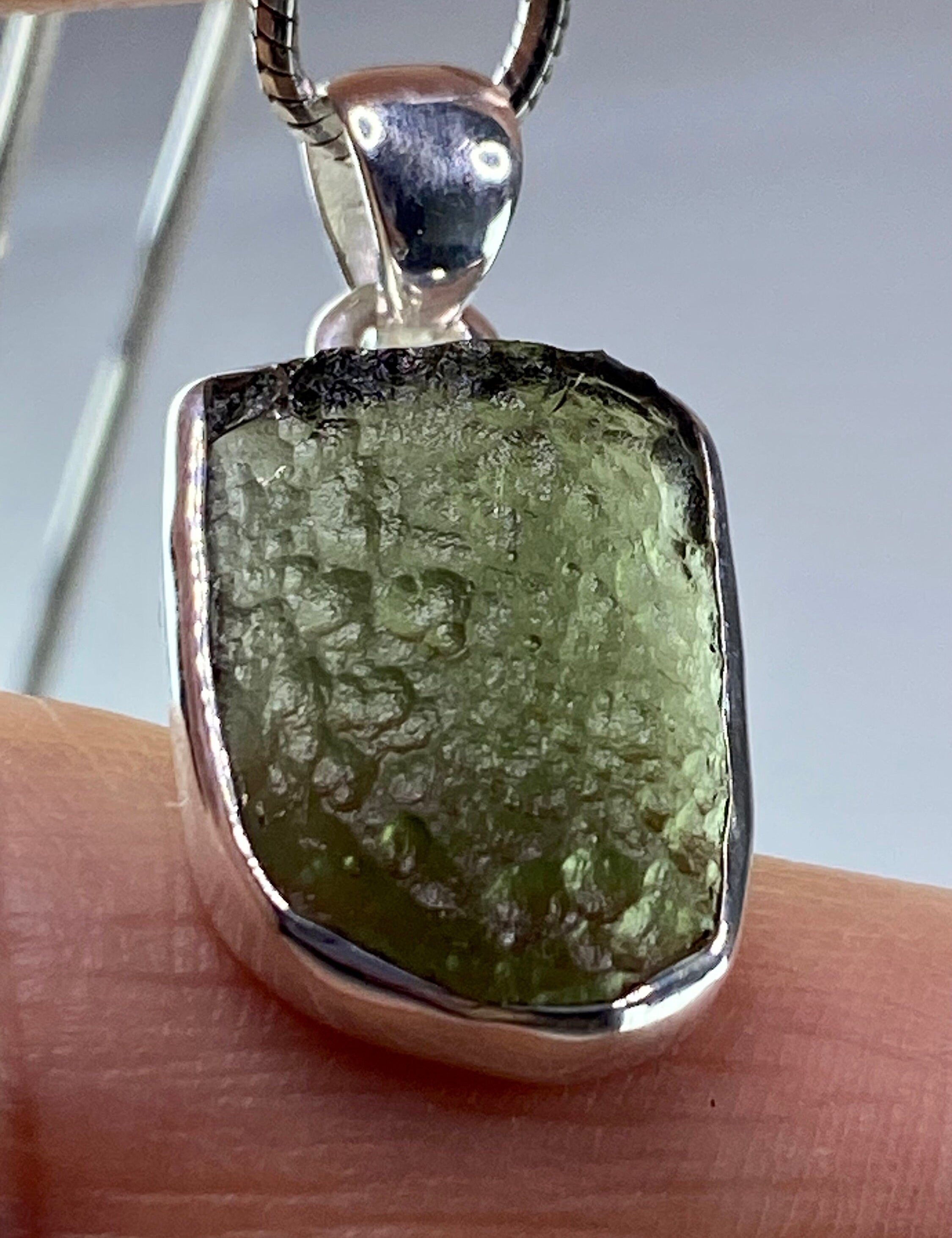 Natural MOLDAVITE and Sterling Silver Pendant