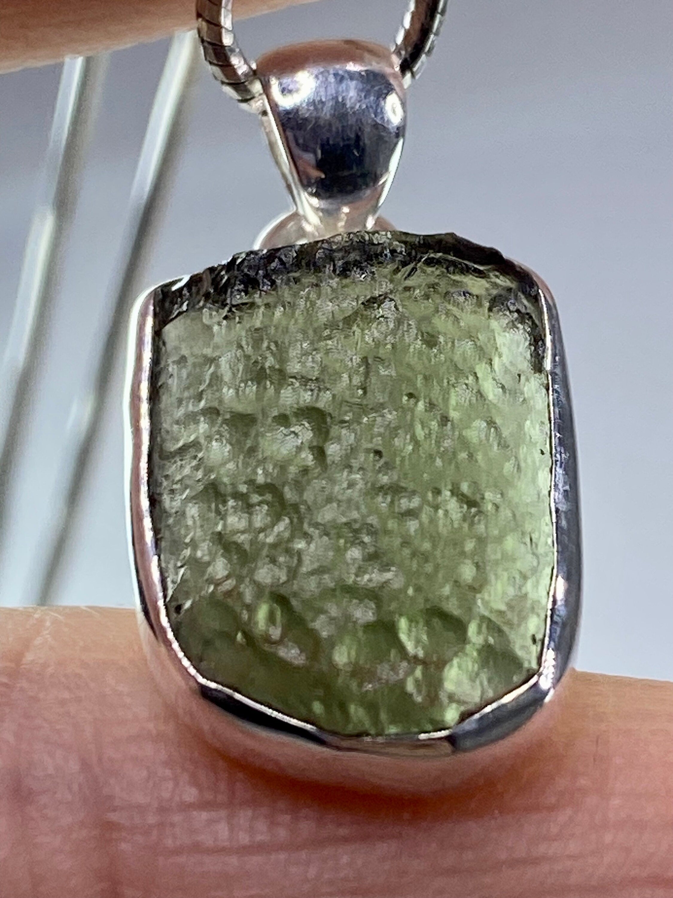 Natural MOLDAVITE and Sterling Silver Pendant