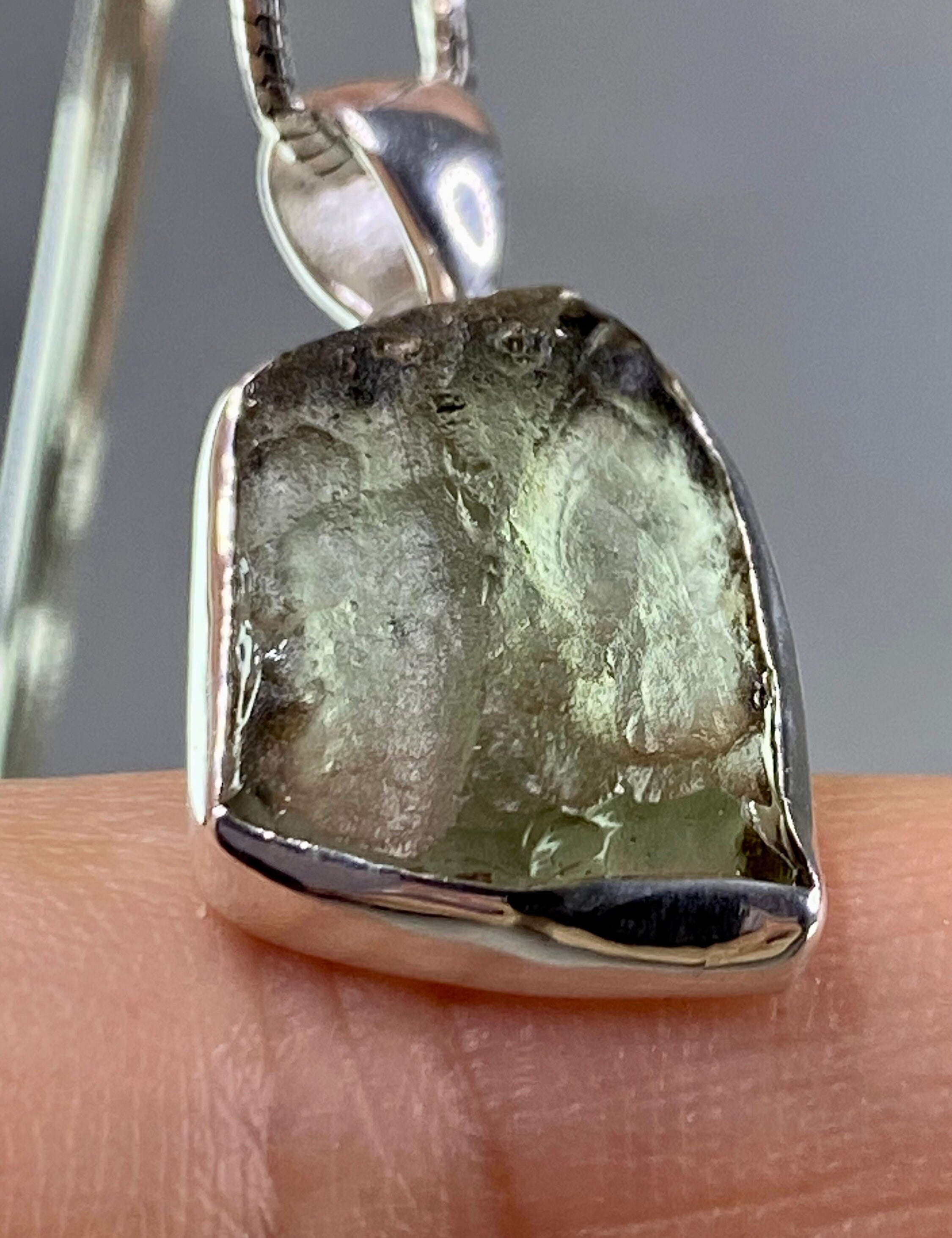 Natural MOLDAVITE and Sterling Silver Pendant