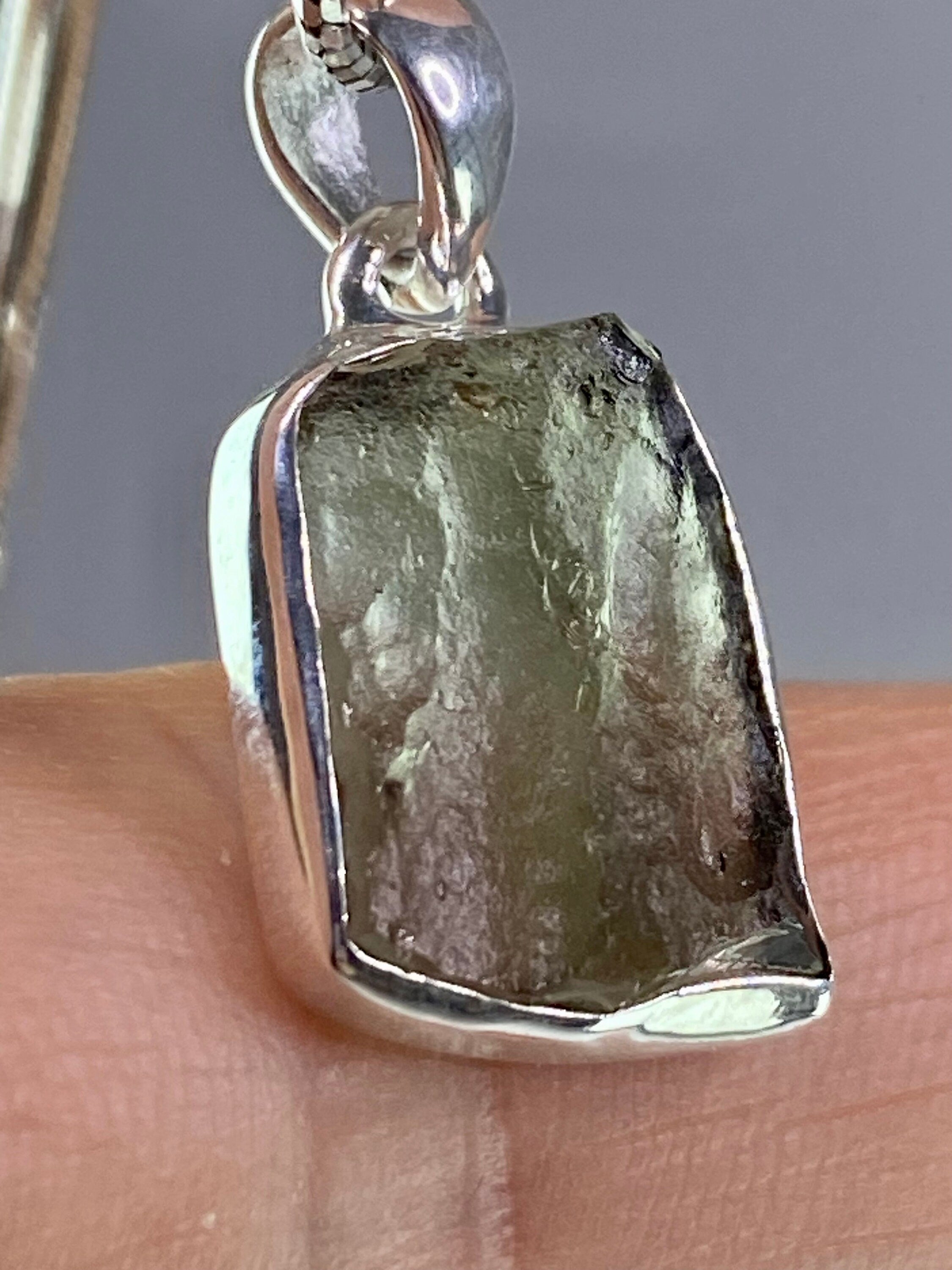 Natural MOLDAVITE and Sterling Silver Pendant