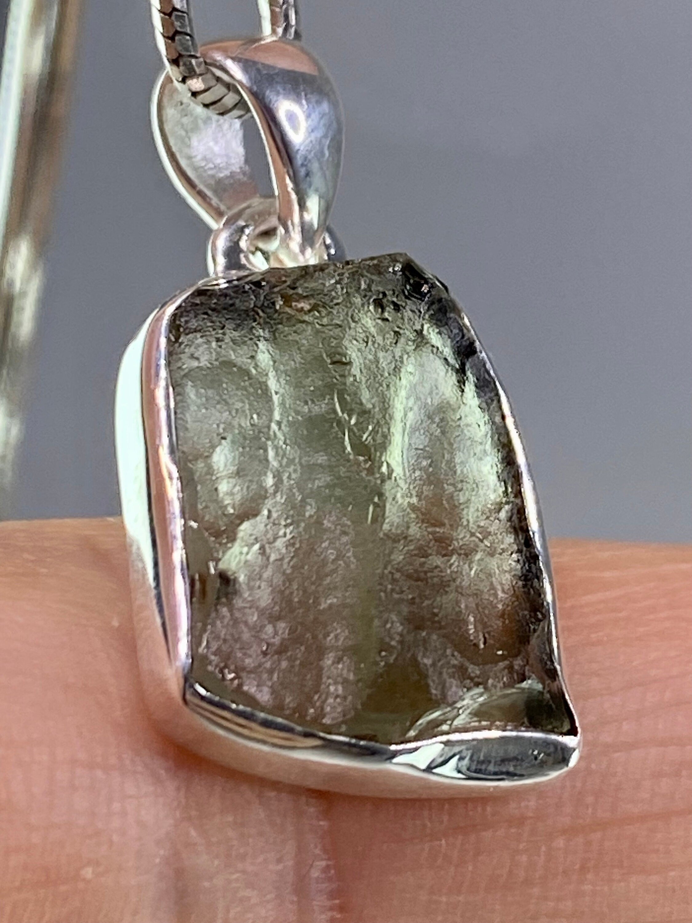 Natural MOLDAVITE and Sterling Silver Pendant