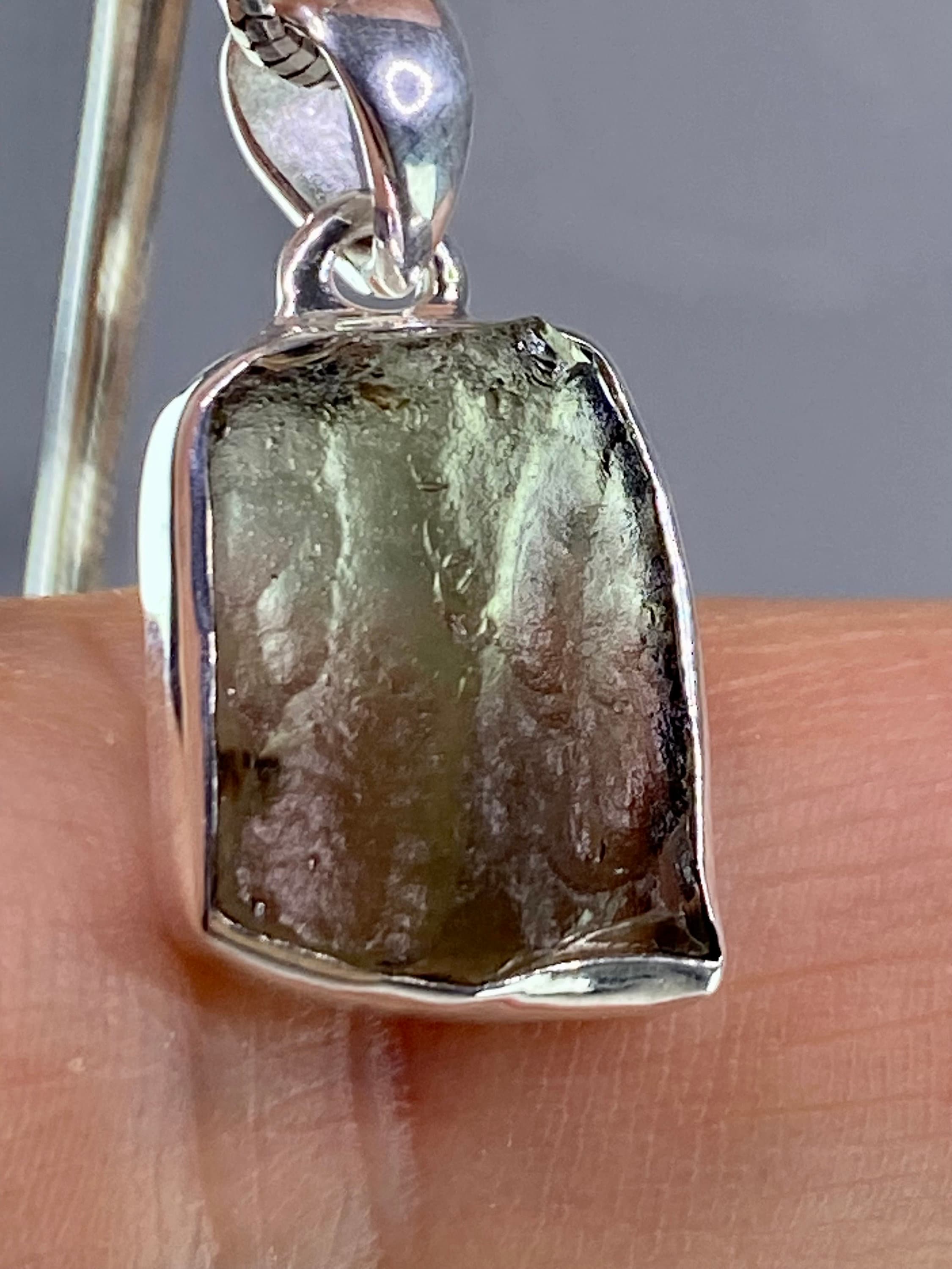 Natural MOLDAVITE and Sterling Silver Pendant