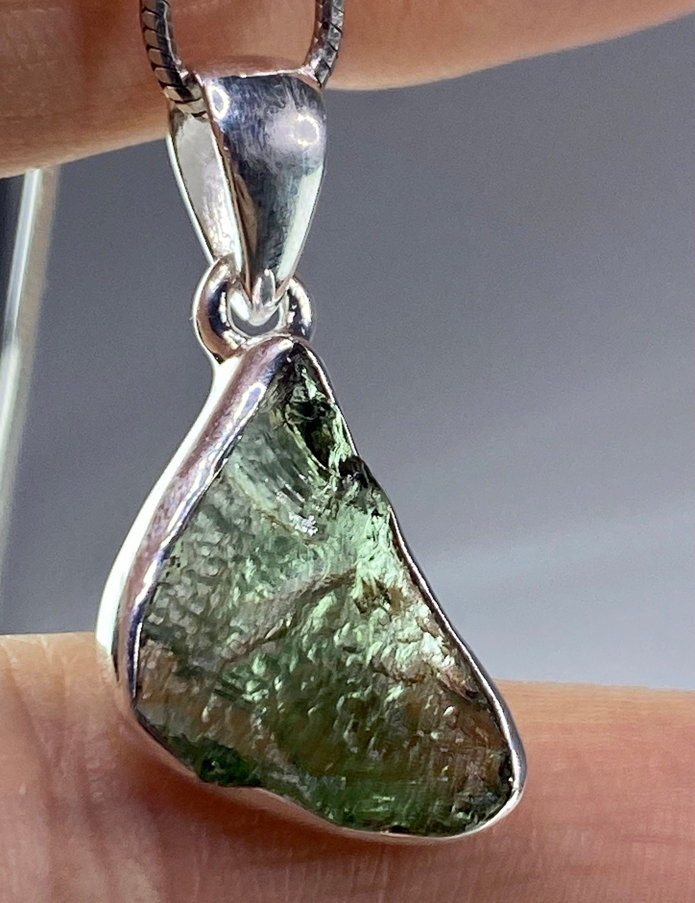 Natural MOLDAVITE and Sterling Silver Pendant