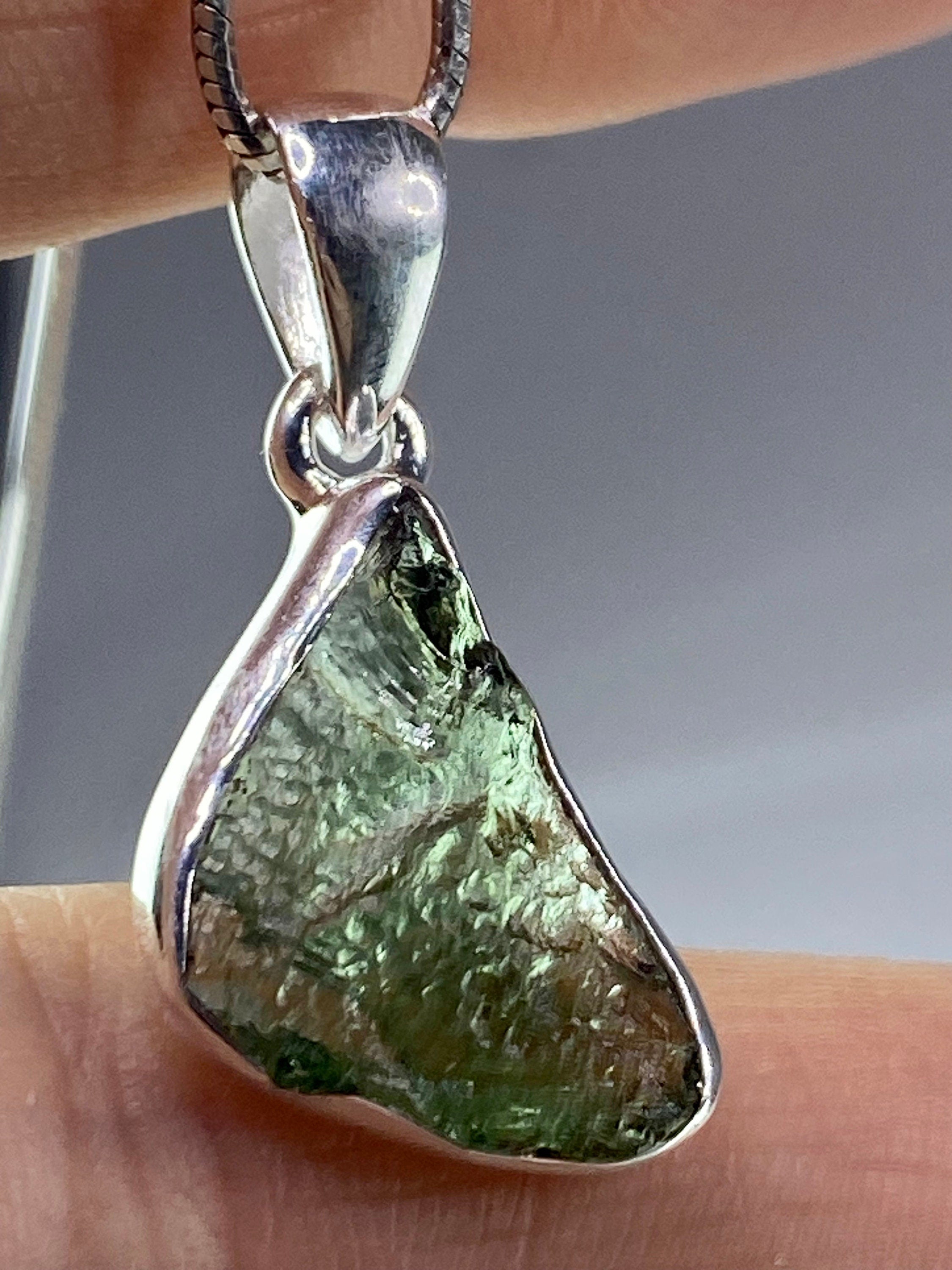 Natural MOLDAVITE and Sterling Silver Pendant