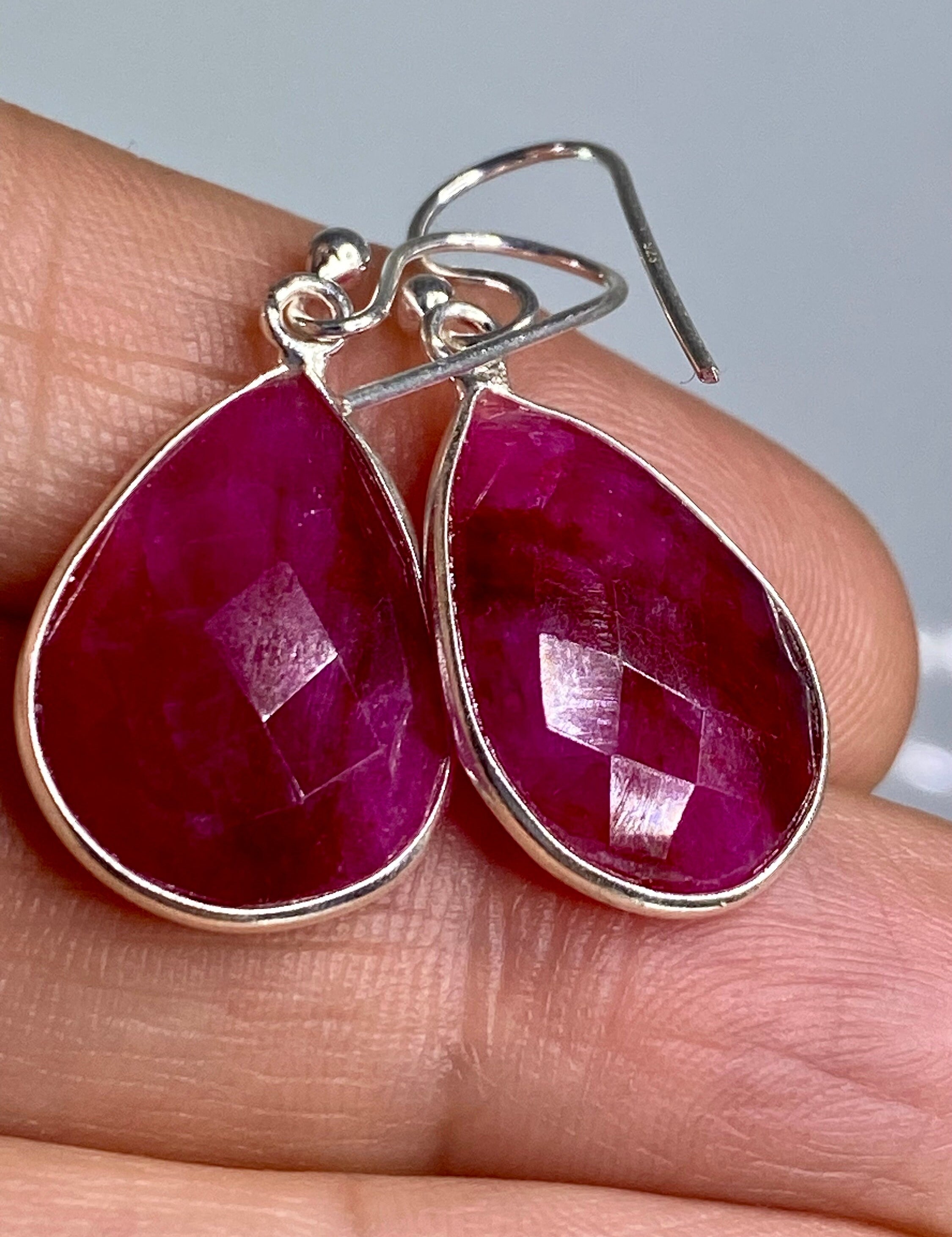 Raw Faceted Ruby and Silver Dangle Earrings