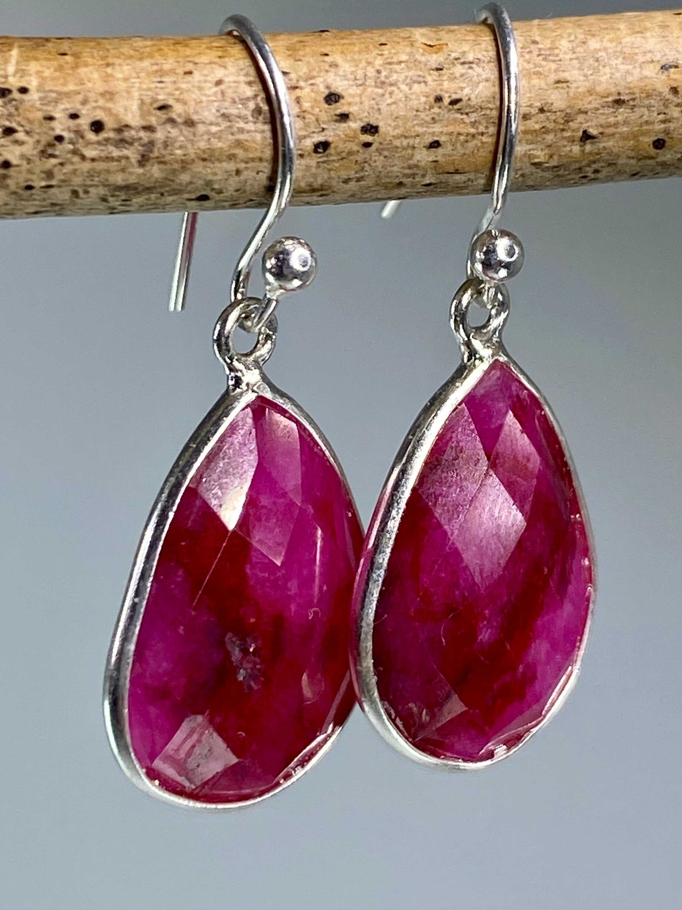 Raw Faceted Ruby and Silver Dangle Earrings