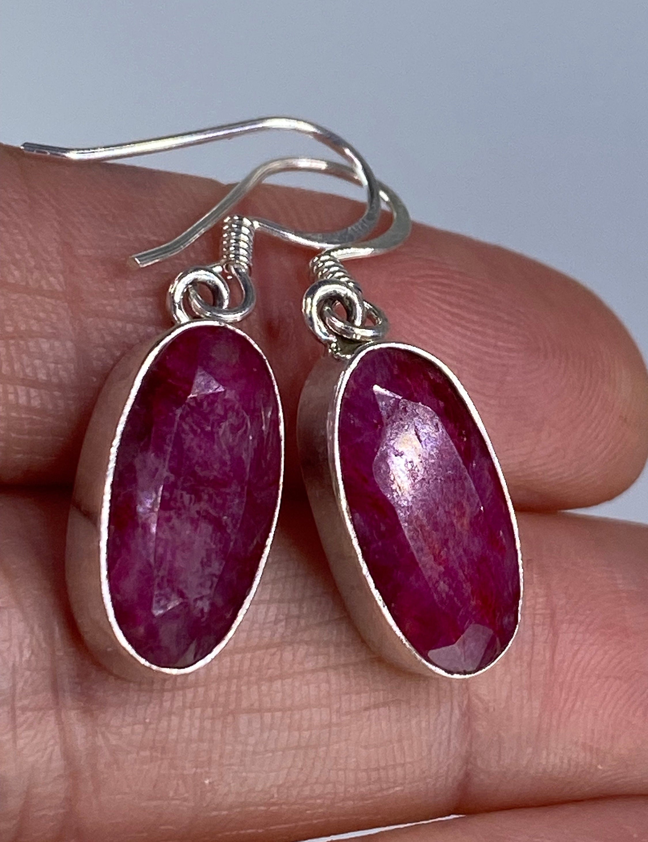Raw Faceted Ruby and Silver Dangle Earrings