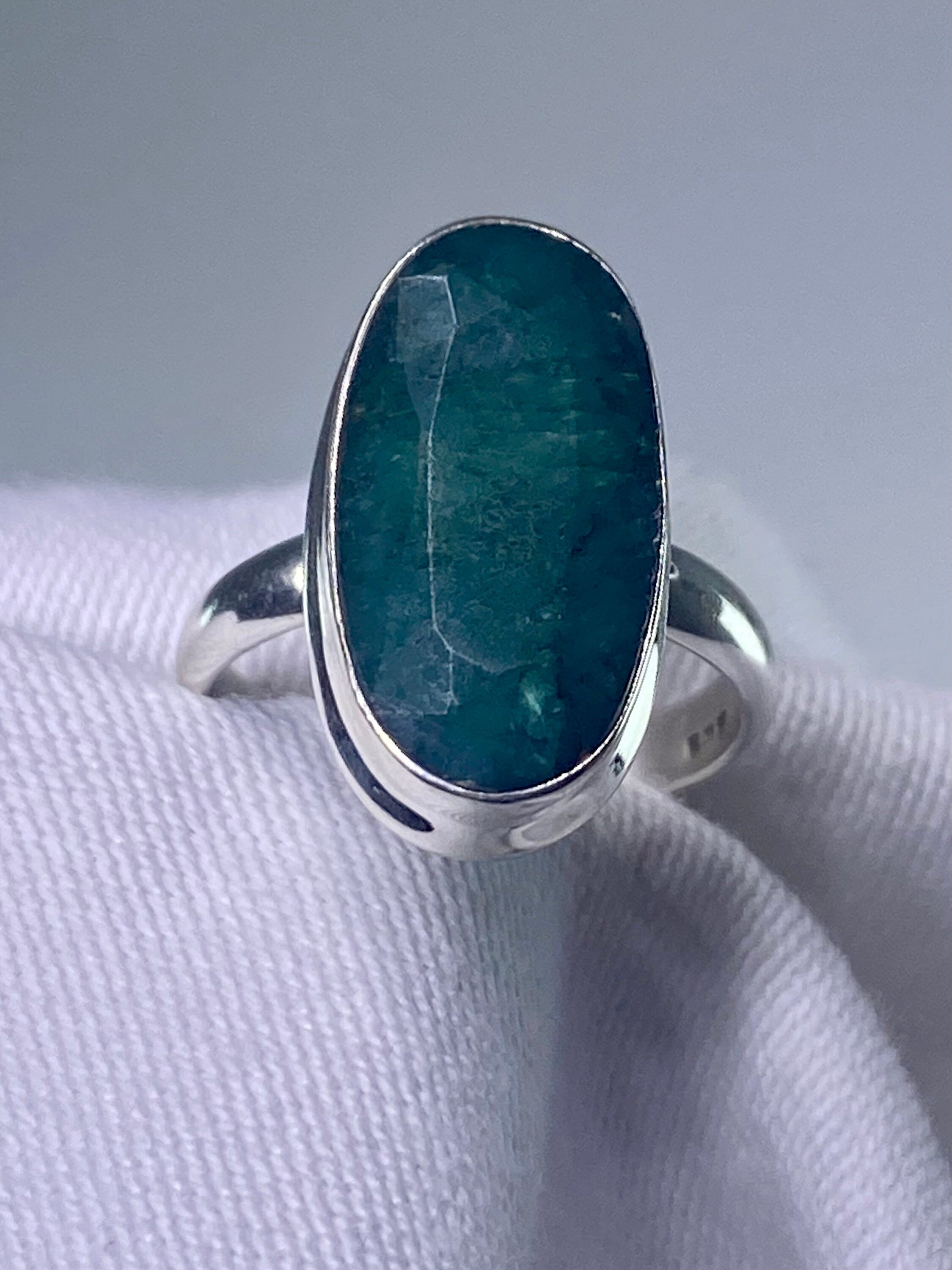 Raw Faceted Emerald and Silver Ring